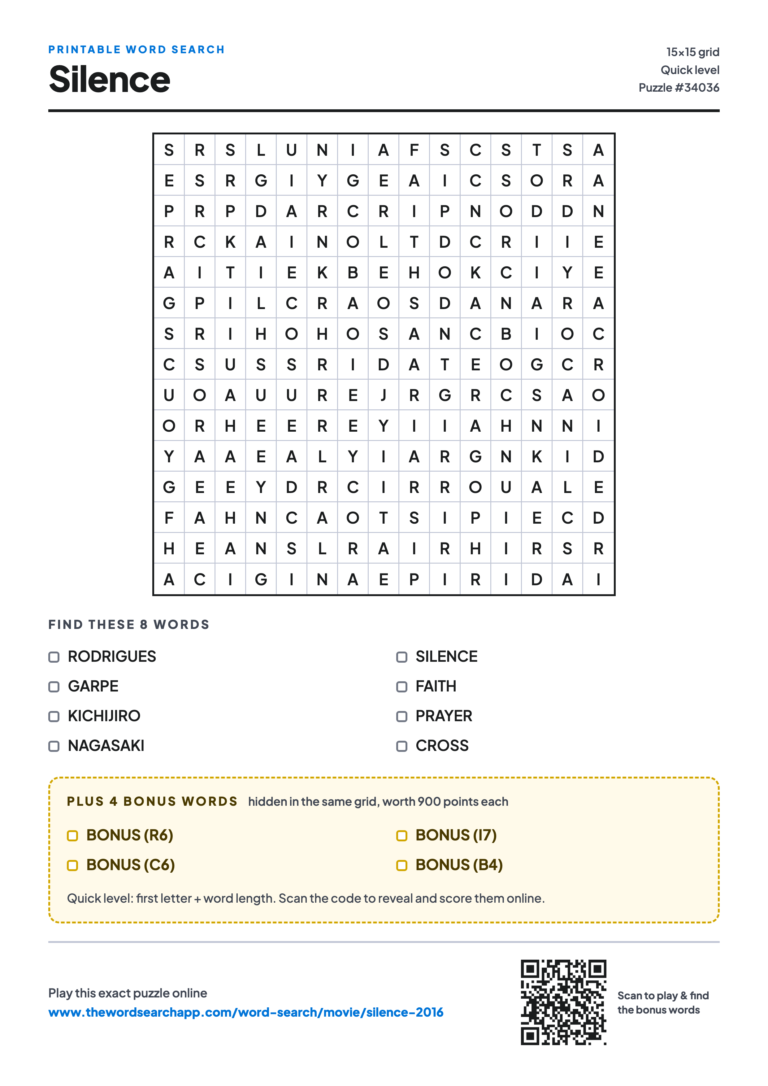 Printable Silence (2016) word search — 15×15 letter grid with 8 words to find including RODRIGUES, GARPE, KICHIJIRO, plus 4 hidden bonus words