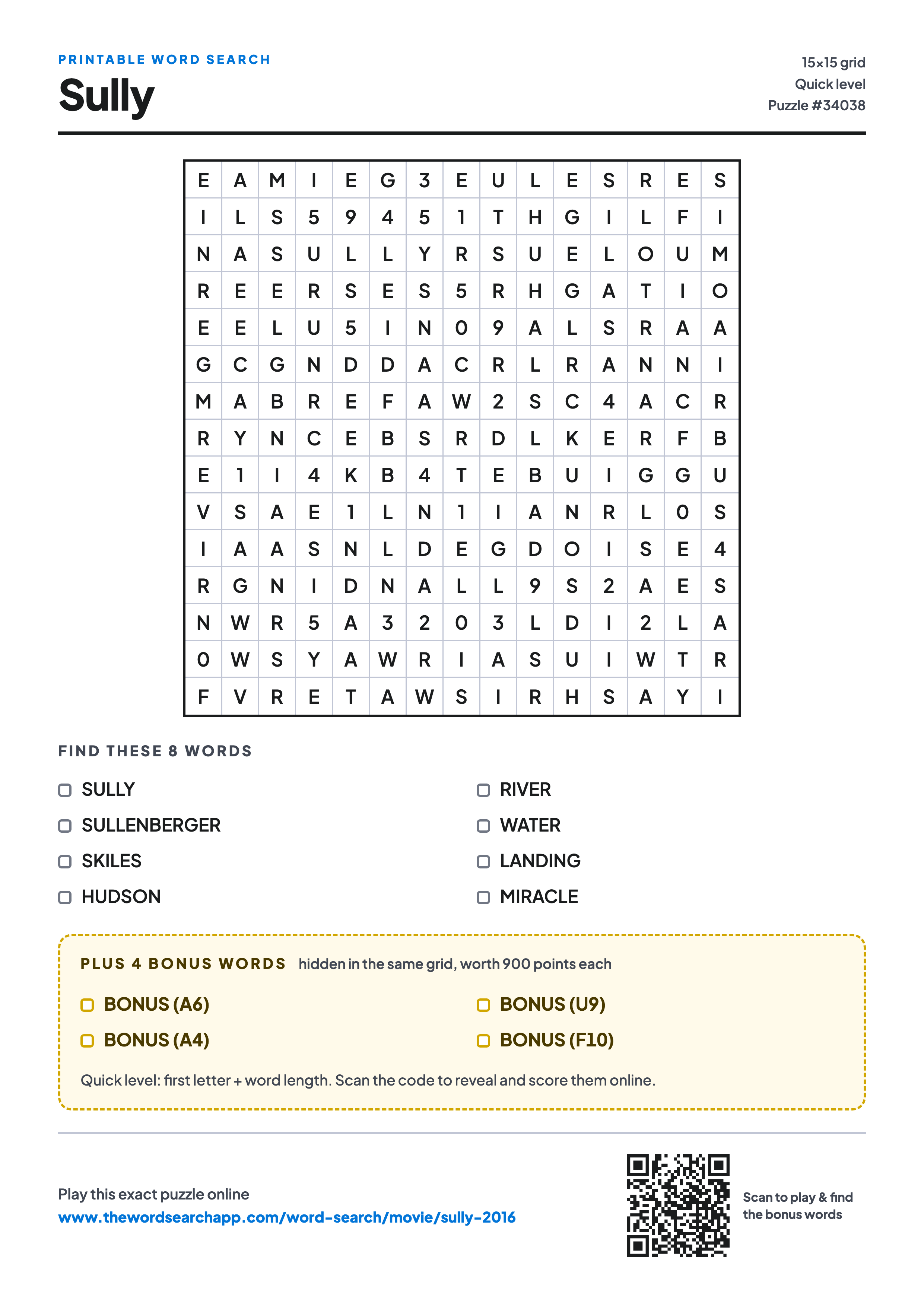 Printable Sully (2016) word search — 15×15 letter grid with 8 words to find including SULLY, SULLENBERGER, SKILES, plus 4 hidden bonus words