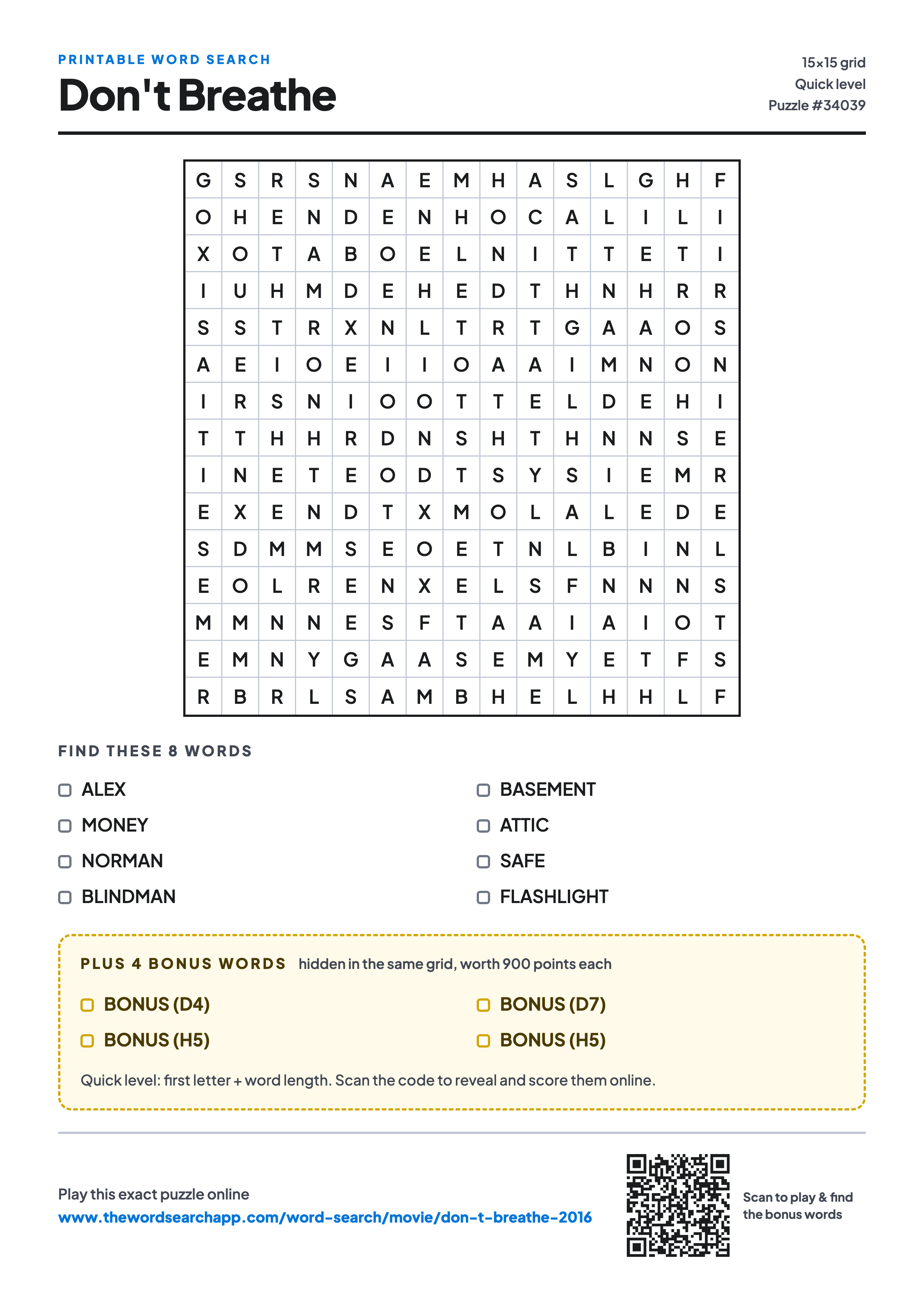 Printable Don't Breathe (2016) word search — 15×15 letter grid with 8 words to find including ALEX, MONEY, NORMAN, plus 4 hidden bonus words