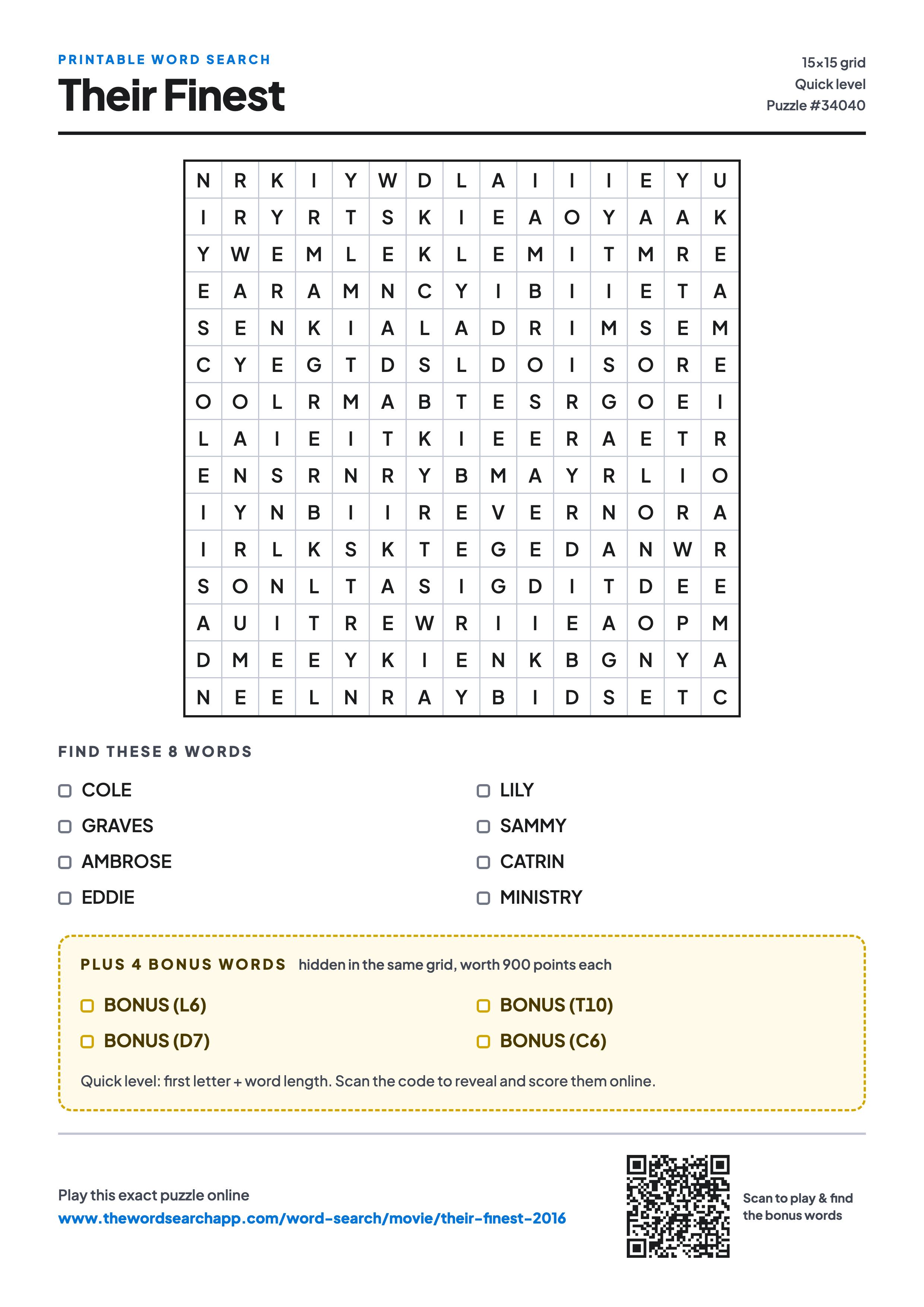 Printable Their Finest (2016) word search — 15×15 letter grid with 8 words to find including COLE, GRAVES, AMBROSE, plus 4 hidden bonus words