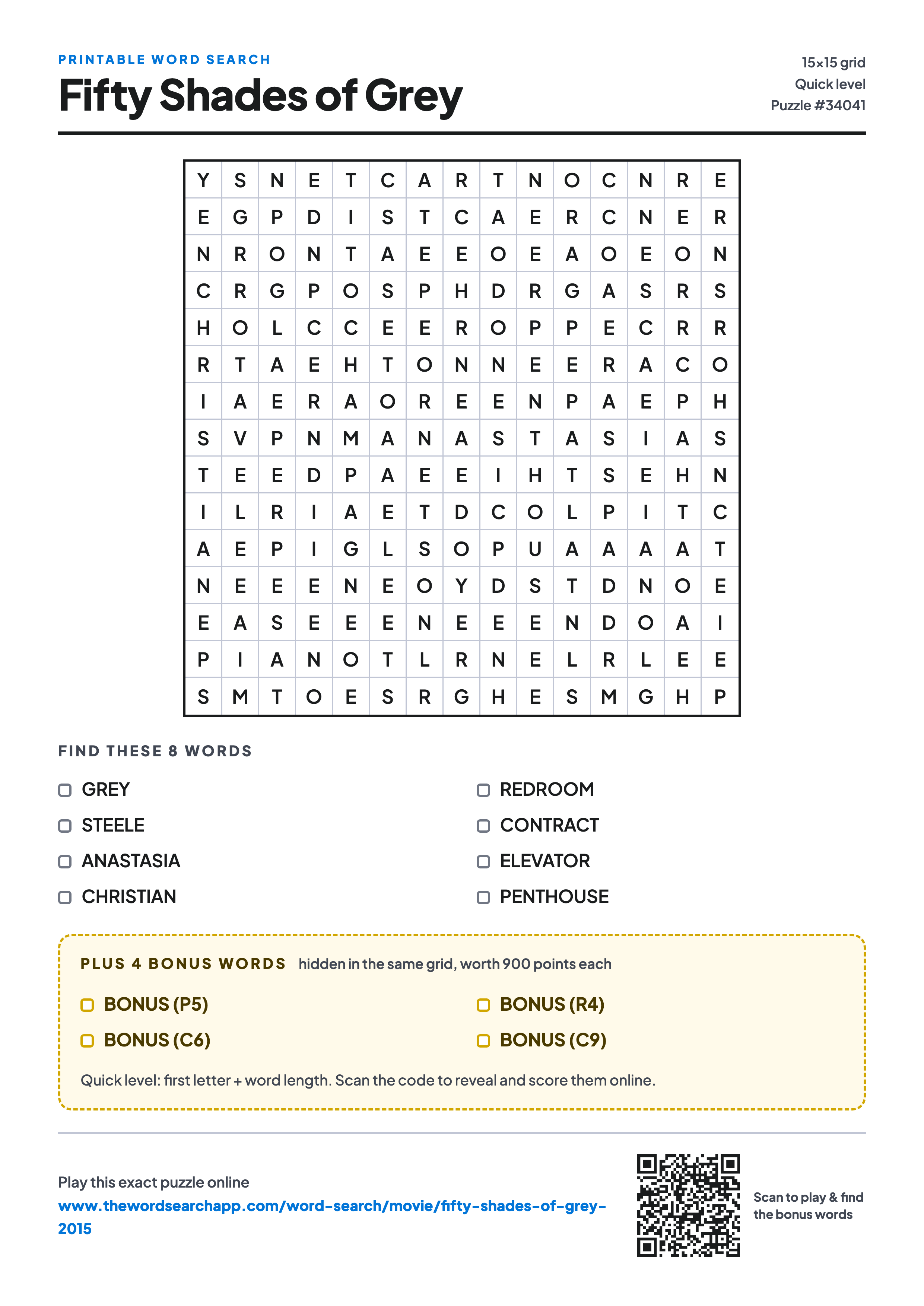 Printable Fifty Shades of Grey (2015) word search — 15×15 letter grid with 8 words to find including GREY, STEELE, ANASTASIA, plus 4 hidden bonus words