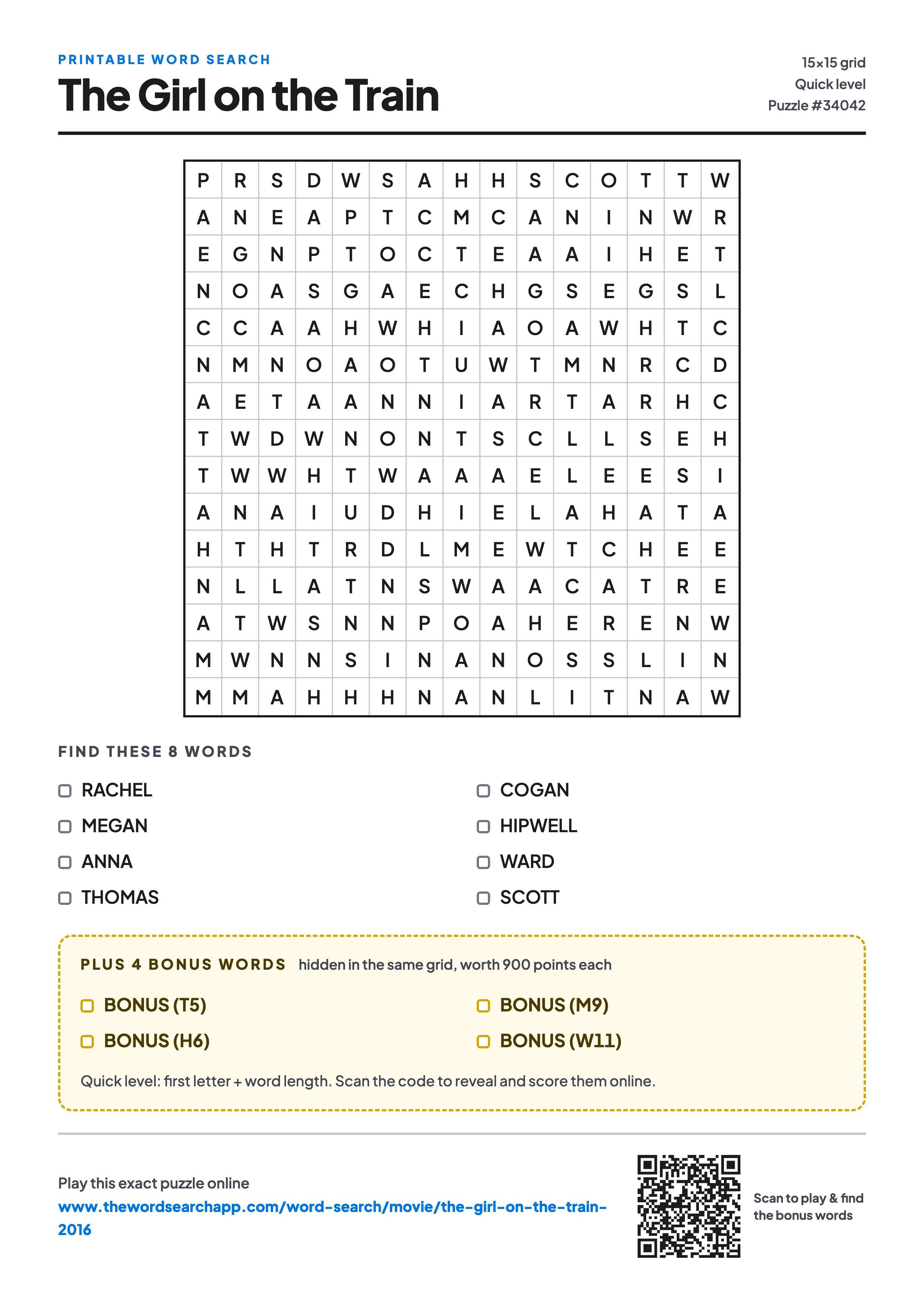 Printable The Girl on the Train (2016) word search — 15×15 letter grid with 8 words to find including RACHEL, MEGAN, ANNA, plus 4 hidden bonus words