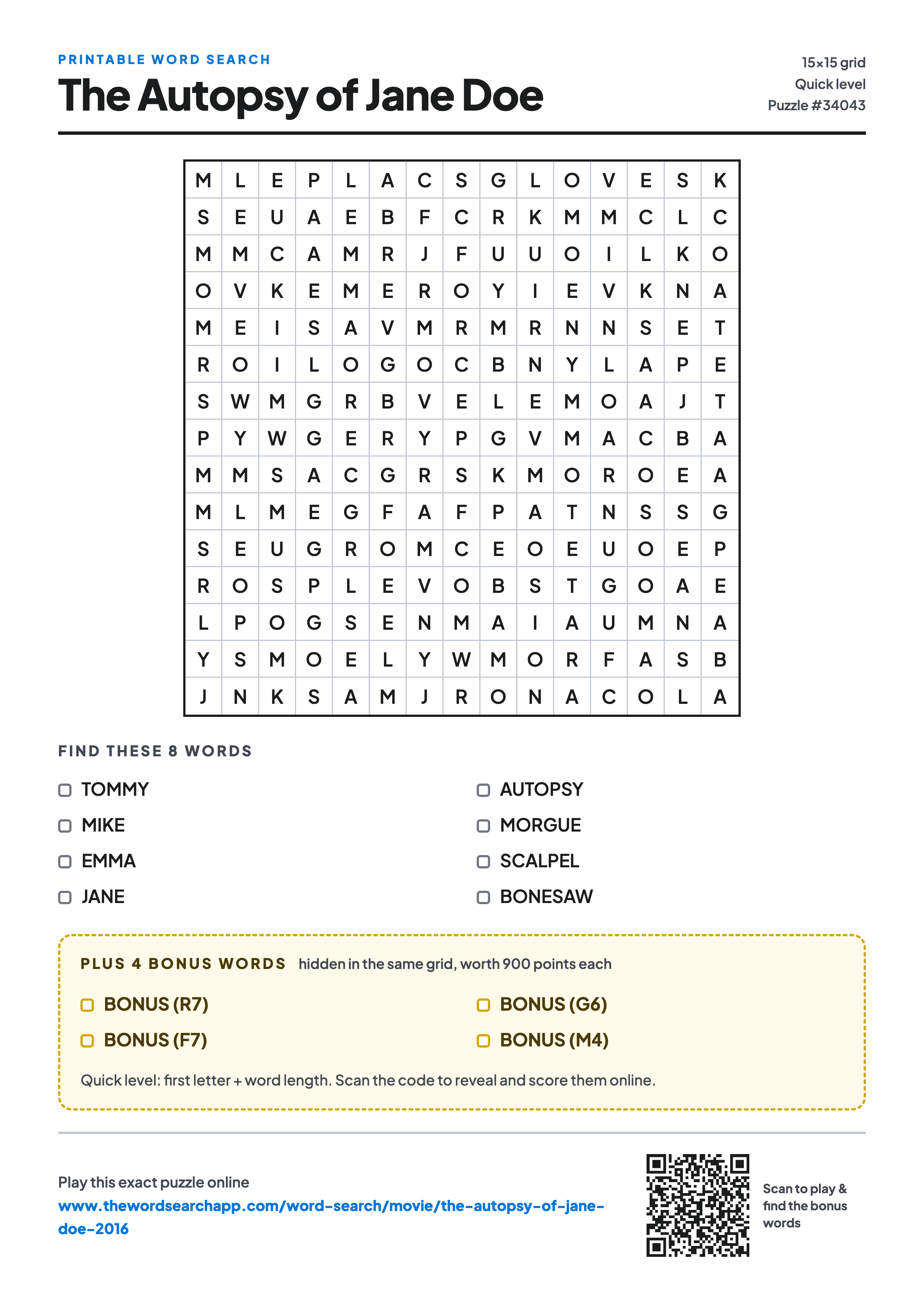 Printable The Autopsy of Jane Doe (2016) word search — 15×15 letter grid with 8 words to find including TOMMY, MIKE, EMMA, plus 4 hidden bonus words