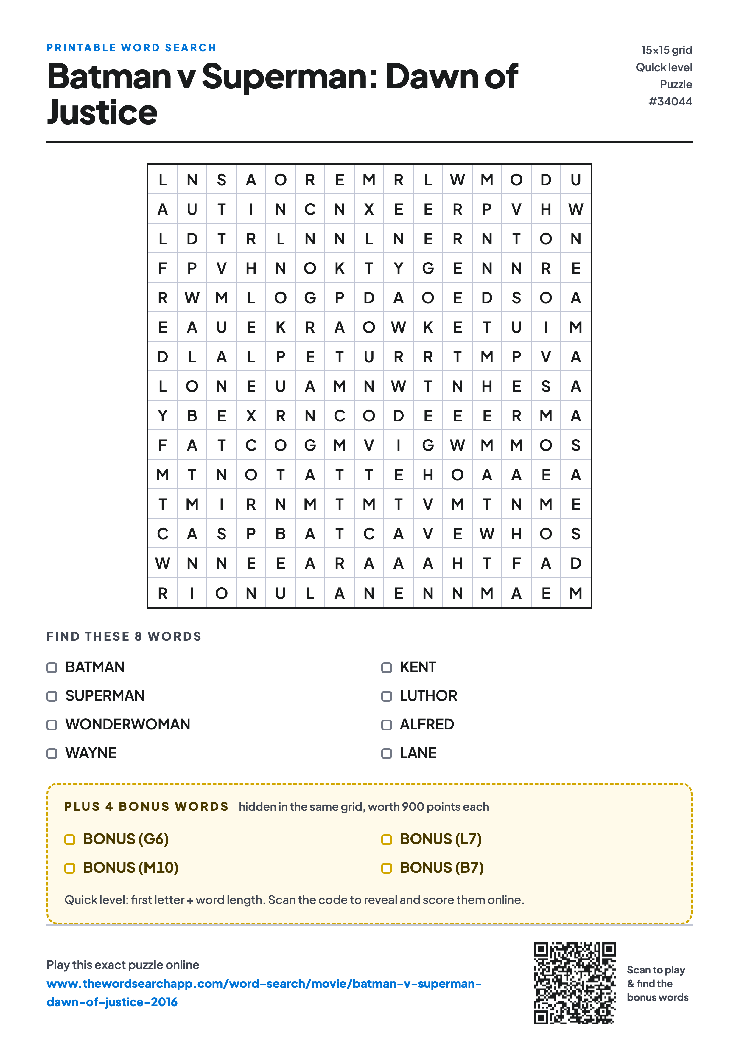 Printable Batman v Superman: Dawn of Justice (2016) word search — 15×15 letter grid with 8 words to find including BATMAN, SUPERMAN, WONDERWOMAN, plus 4 hidden bonus words