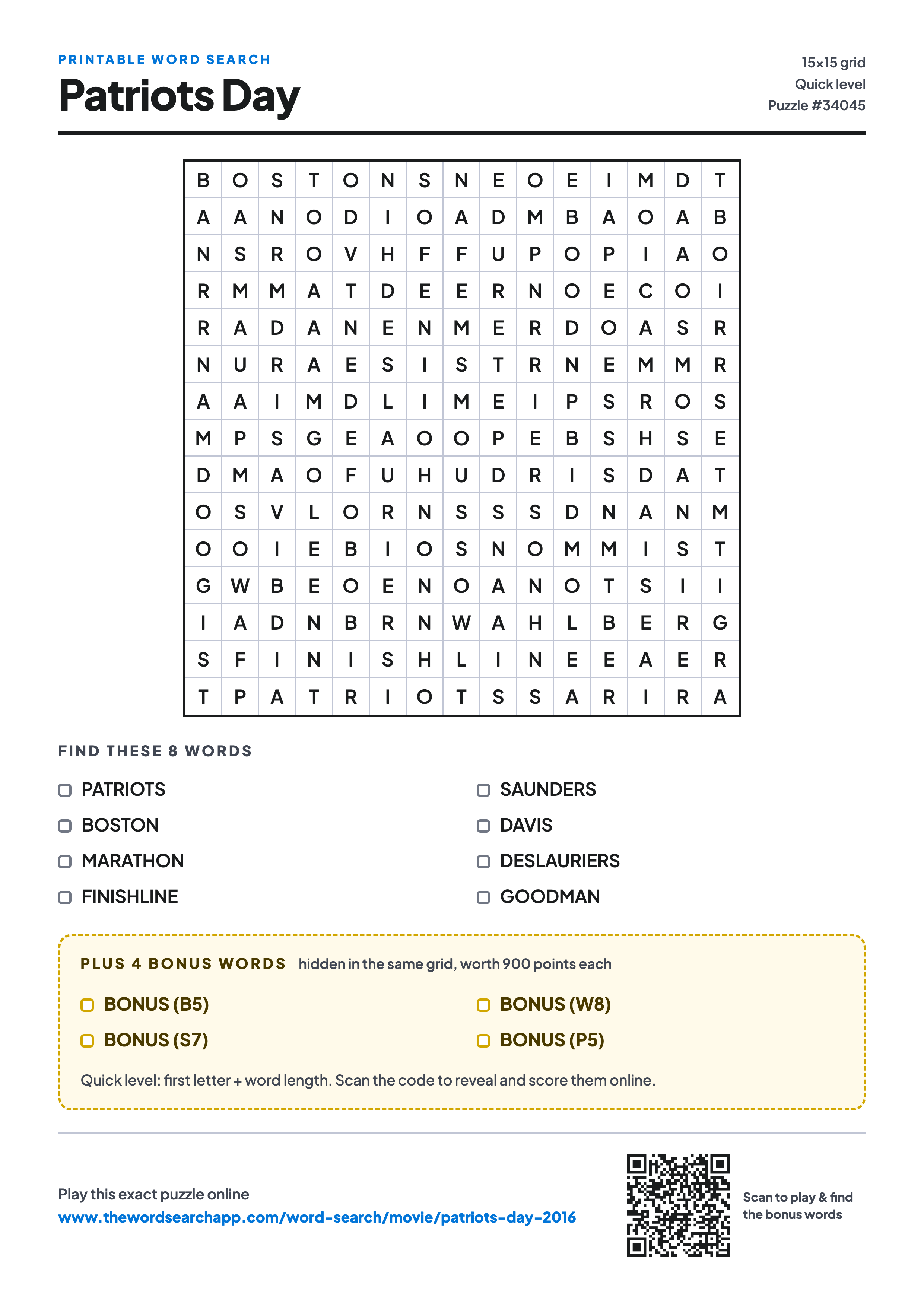 Printable Patriots Day (2016) word search — 15×15 letter grid with 8 words to find including PATRIOTS, BOSTON, MARATHON, plus 4 hidden bonus words