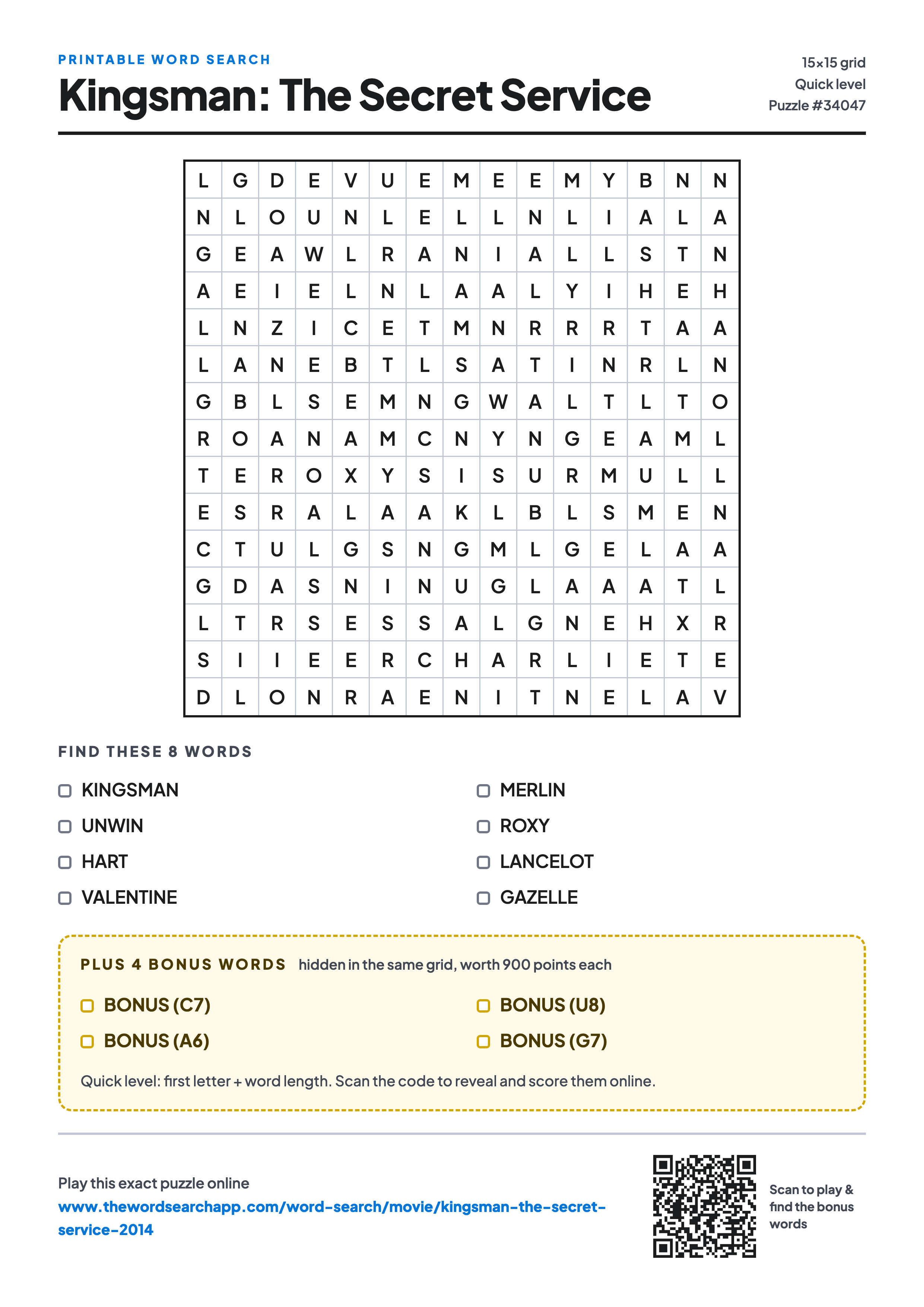 Printable Kingsman: The Secret Service (2014) word search — 15×15 letter grid with 8 words to find including KINGSMAN, UNWIN, HART, plus 4 hidden bonus words