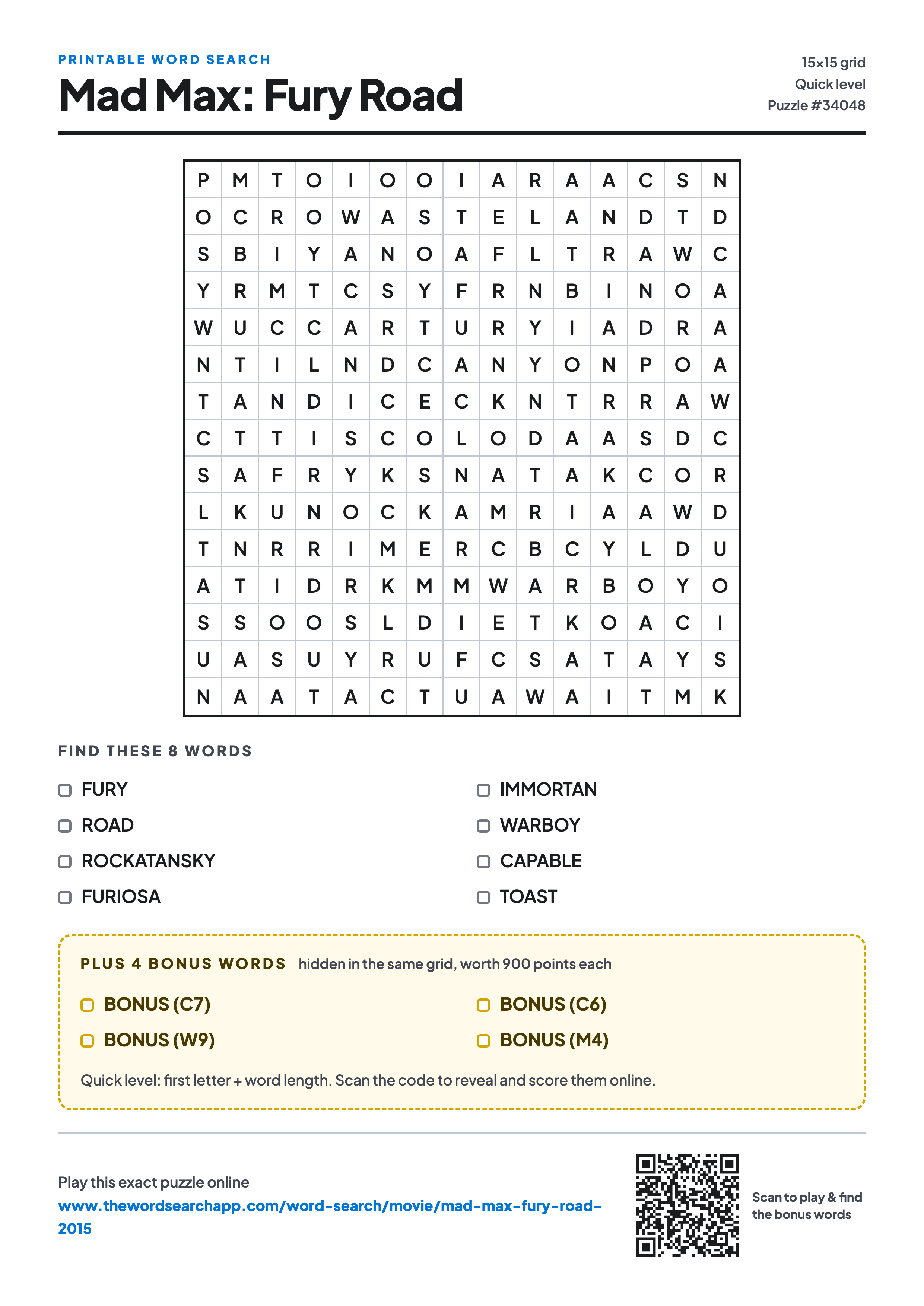 Printable Mad Max: Fury Road (2015) word search — 15×15 letter grid with 8 words to find including FURY, ROAD, ROCKATANSKY, plus 4 hidden bonus words