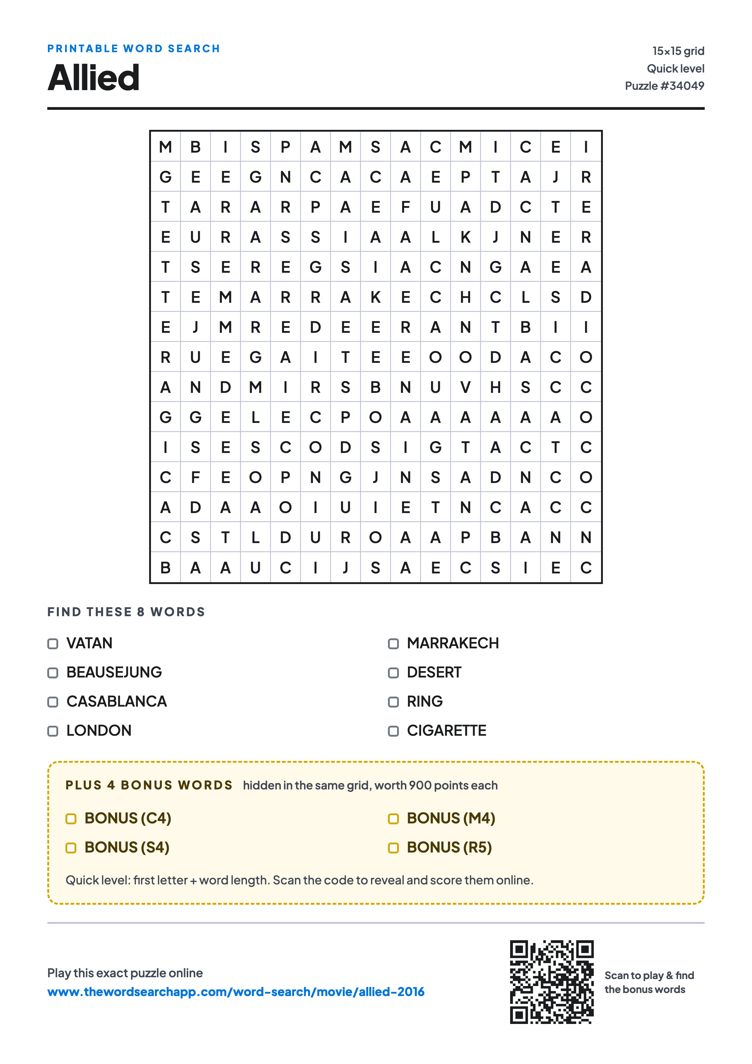 Printable Allied (2016) word search — 15×15 letter grid with 8 words to find including VATAN, BEAUSEJUNG, CASABLANCA, plus 4 hidden bonus words