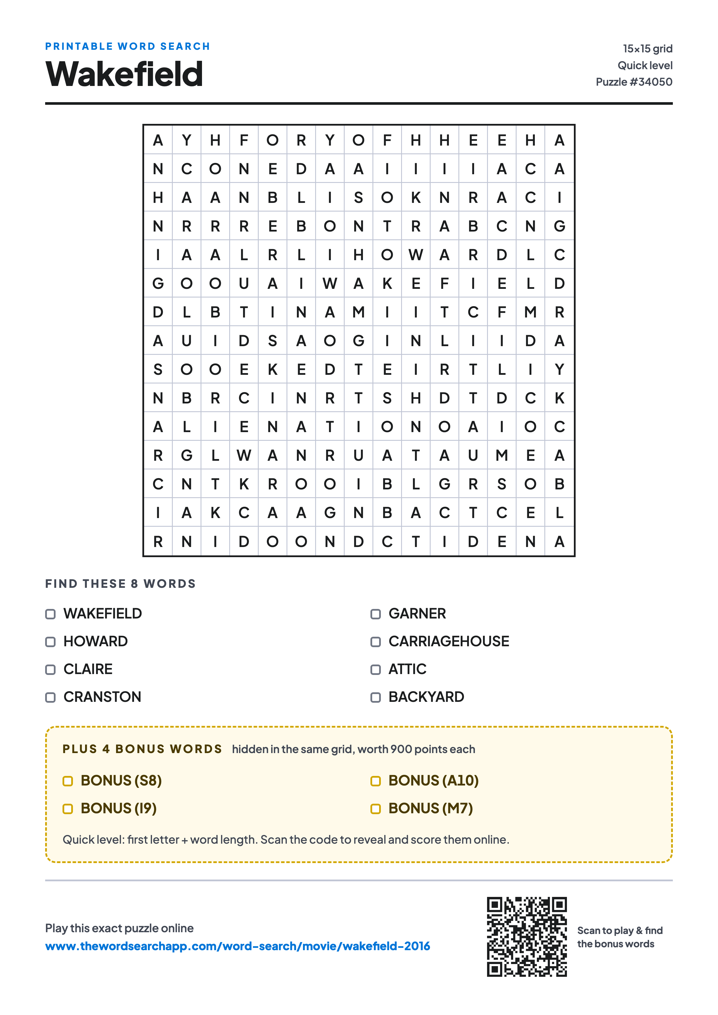 Printable Wakefield (2016) word search — 15×15 letter grid with 8 words to find including WAKEFIELD, HOWARD, CLAIRE, plus 4 hidden bonus words