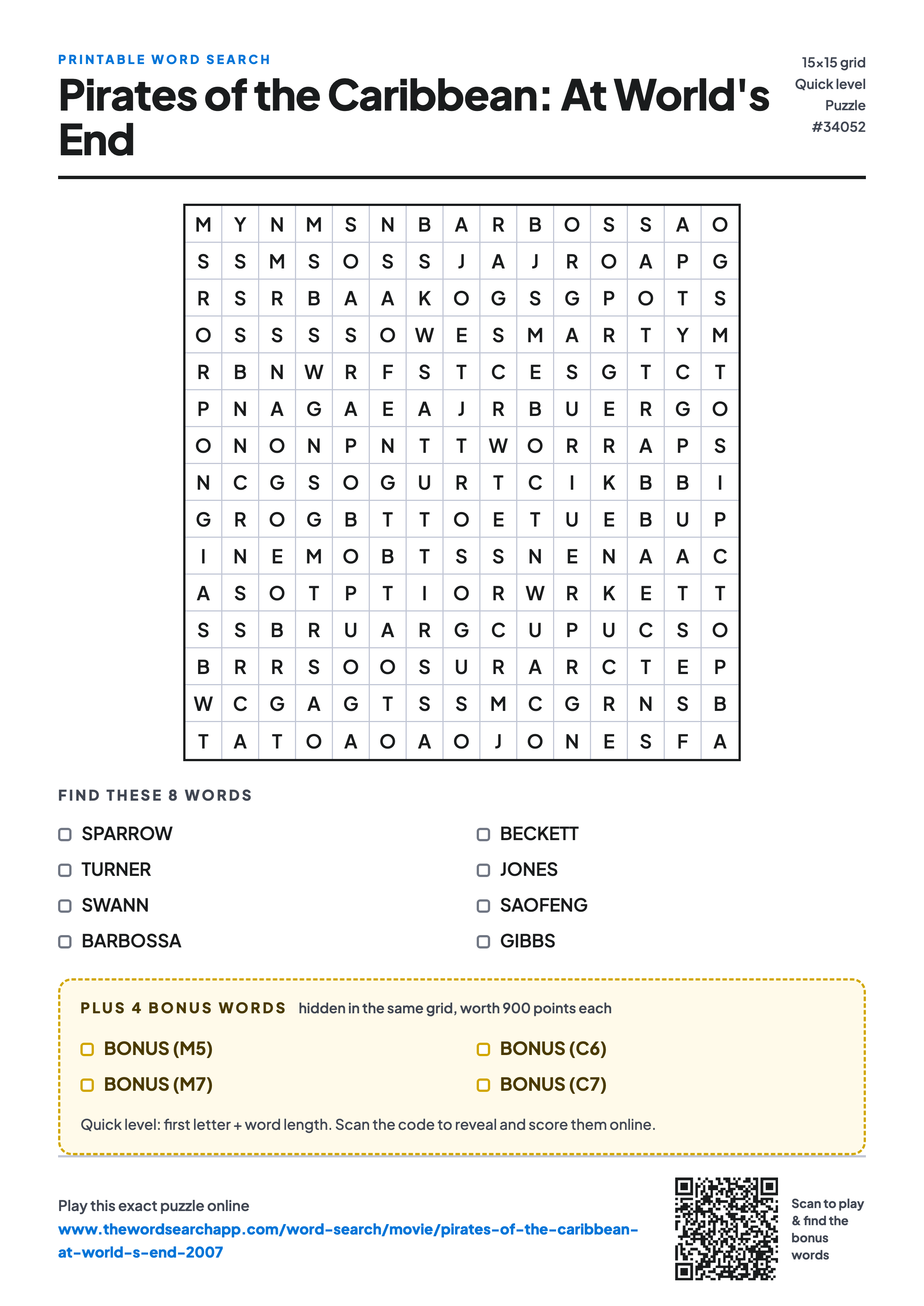 Printable Pirates of the Caribbean: At World's End (2007) word search — 15×15 letter grid with 8 words to find including SPARROW, TURNER, SWANN, plus 4 hidden bonus words