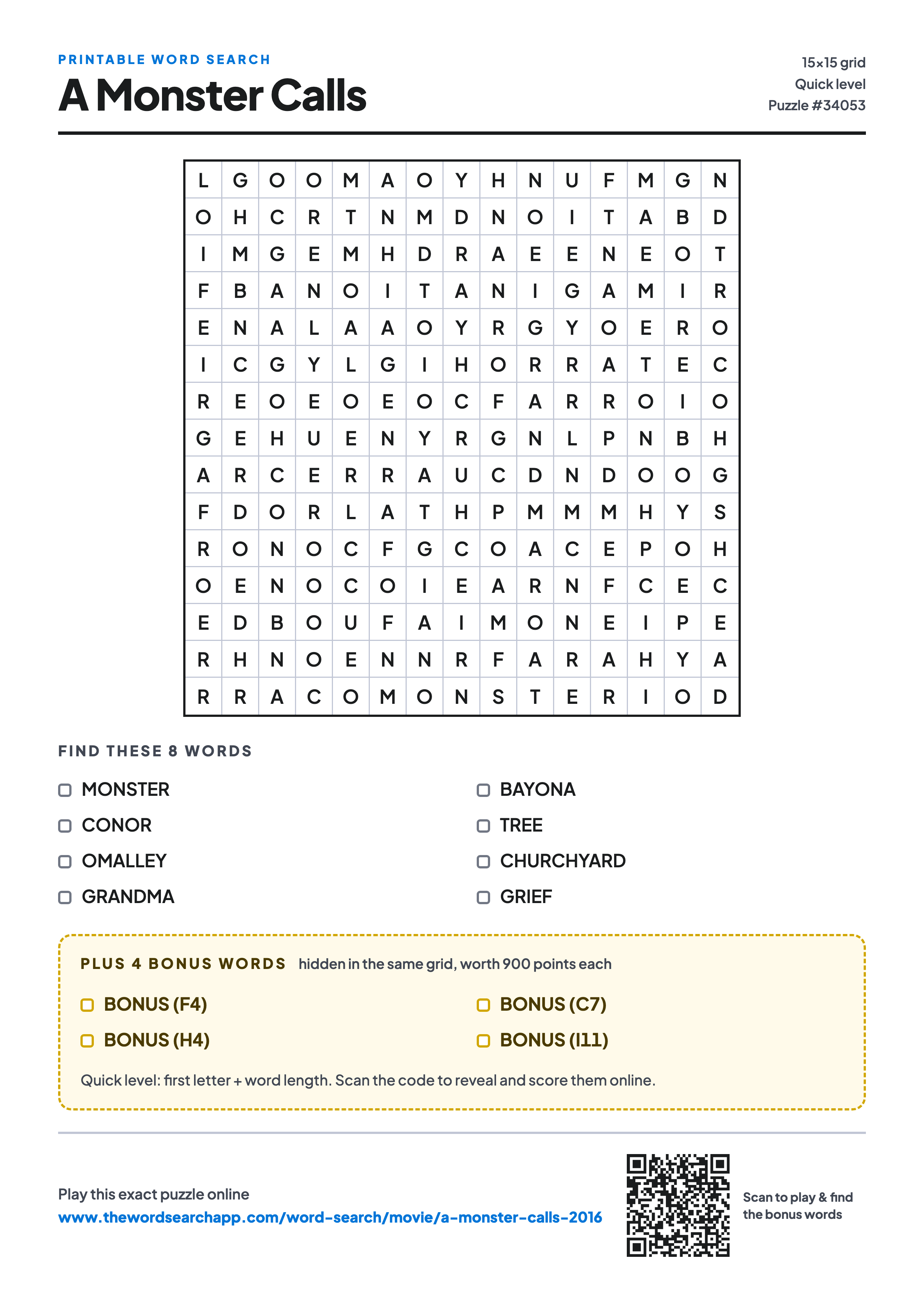 Printable A Monster Calls (2016) word search — 15×15 letter grid with 8 words to find including MONSTER, CONOR, OMALLEY, plus 4 hidden bonus words