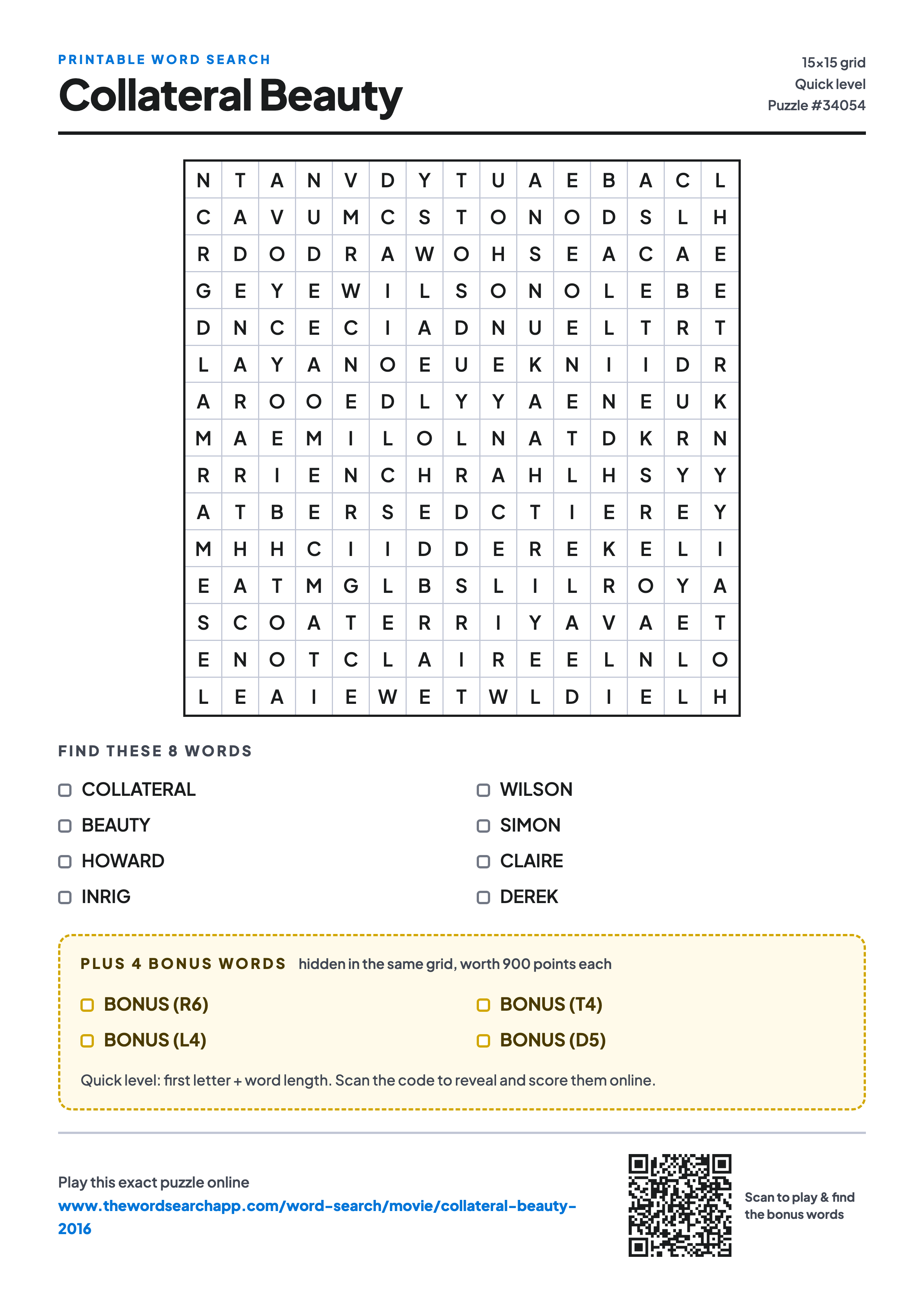 Printable Collateral Beauty (2016) word search — 15×15 letter grid with 8 words to find including COLLATERAL, BEAUTY, HOWARD, plus 4 hidden bonus words