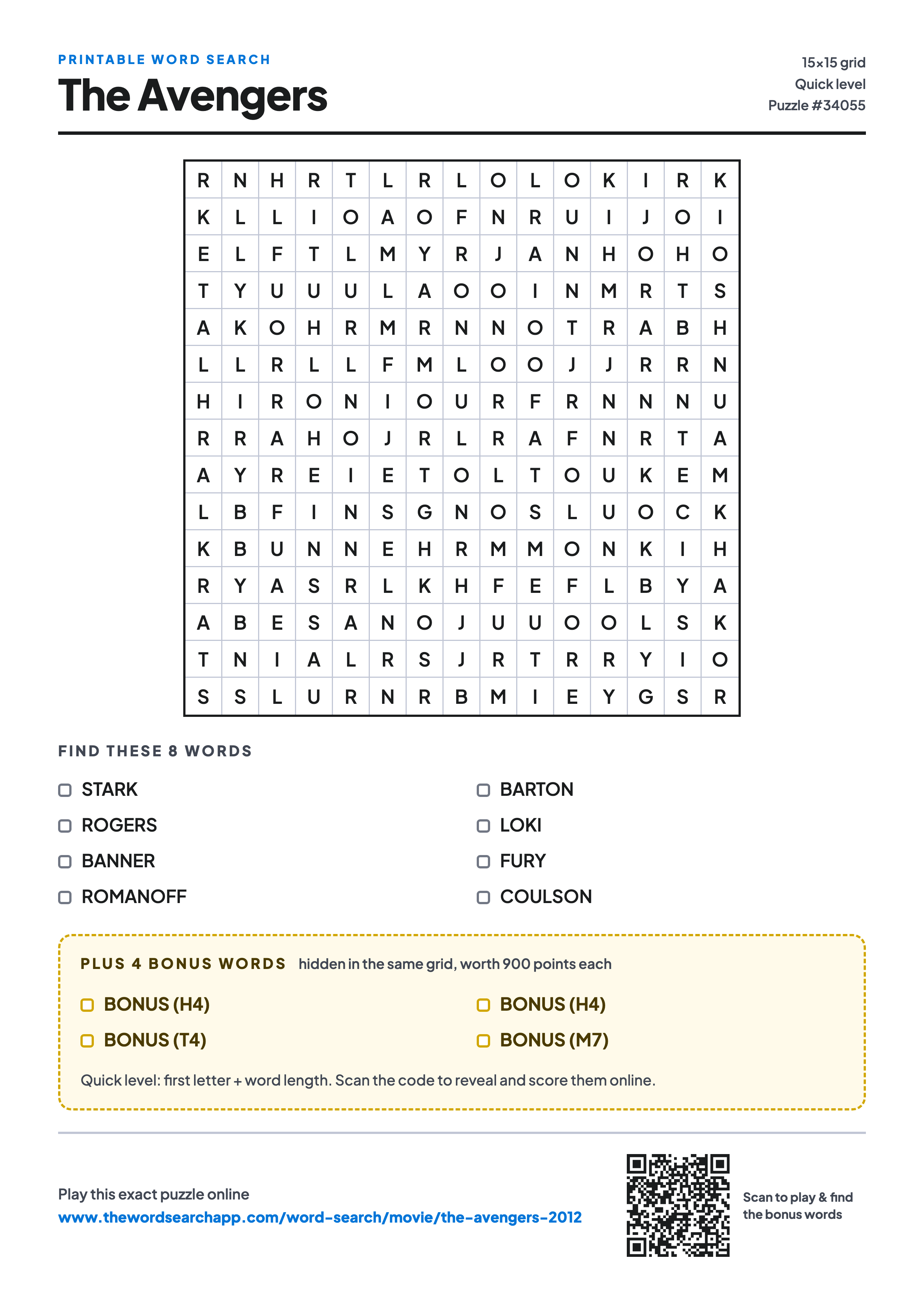 Printable The Avengers (2012) word search — 15×15 letter grid with 8 words to find including STARK, ROGERS, BANNER, plus 4 hidden bonus words