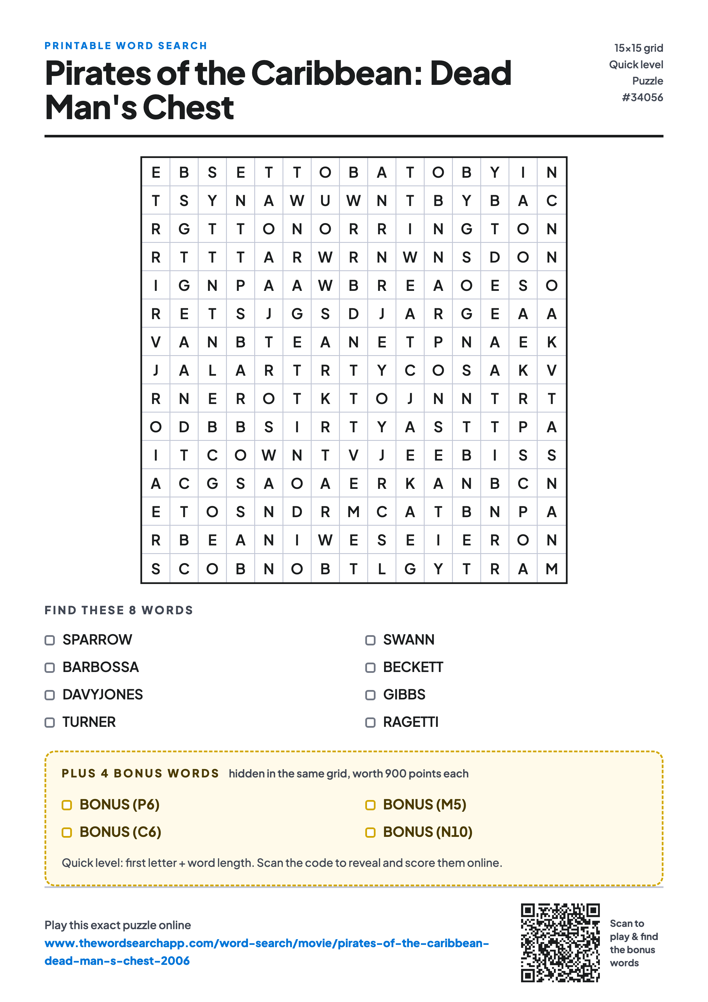 Printable Pirates of the Caribbean: Dead Man's Chest (2006) word search — 15×15 letter grid with 8 words to find including SPARROW, BARBOSSA, DAVYJONES, plus 4 hidden bonus words