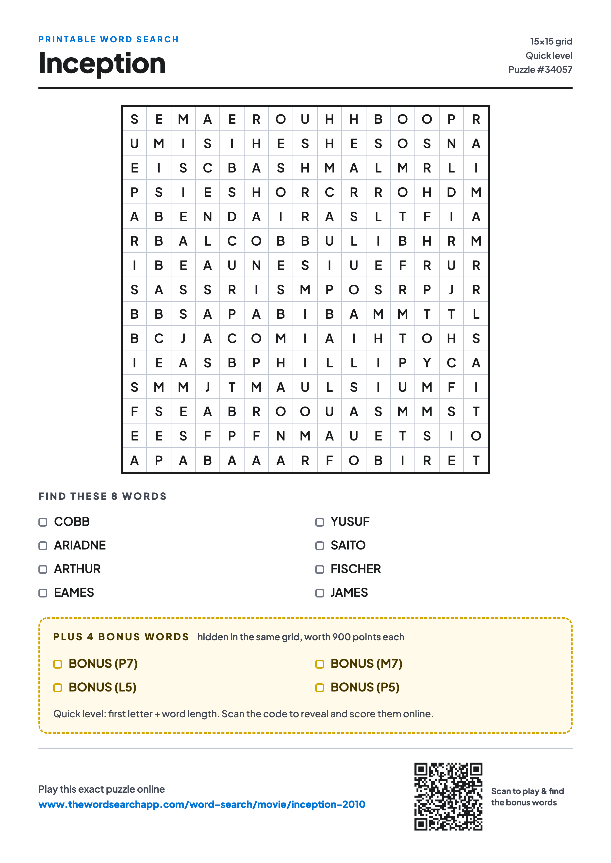 Printable Inception (2010) word search — 15×15 letter grid with 8 words to find including COBB, ARIADNE, ARTHUR, plus 4 hidden bonus words