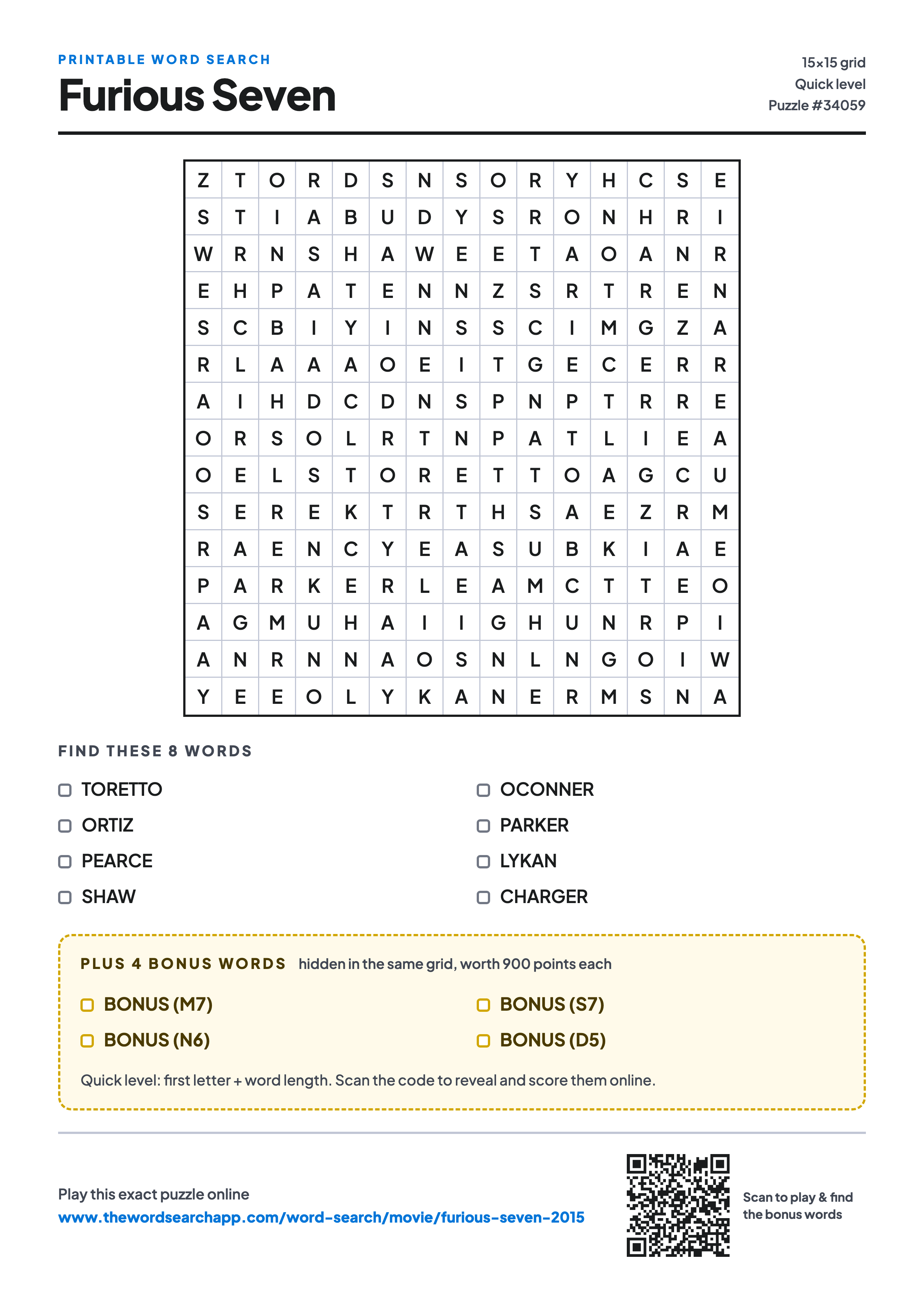 Printable Furious Seven (2015) word search — 15×15 letter grid with 8 words to find including TORETTO, ORTIZ, PEARCE, plus 4 hidden bonus words