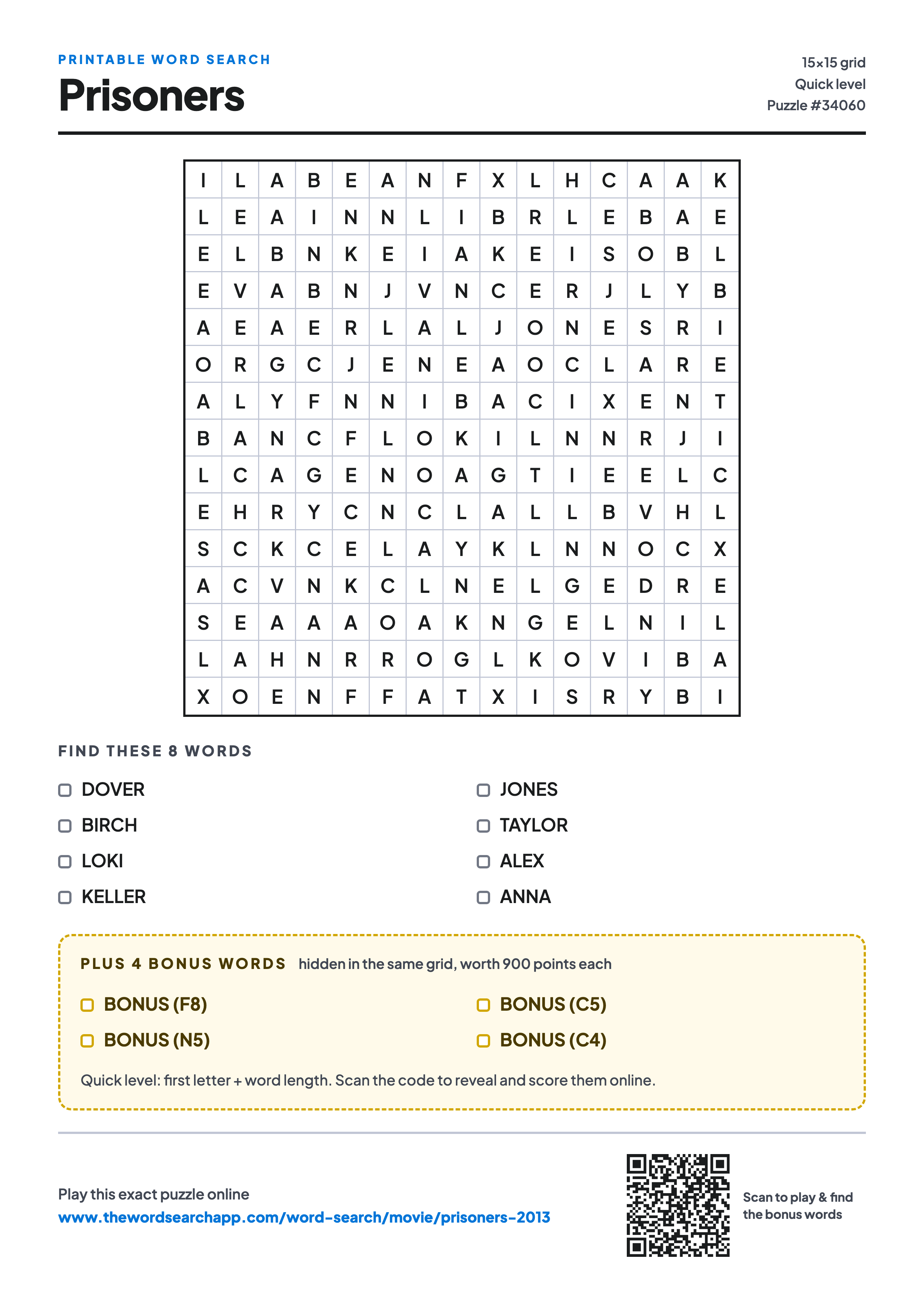Printable Prisoners (2013) word search — 15×15 letter grid with 8 words to find including DOVER, BIRCH, LOKI, plus 4 hidden bonus words