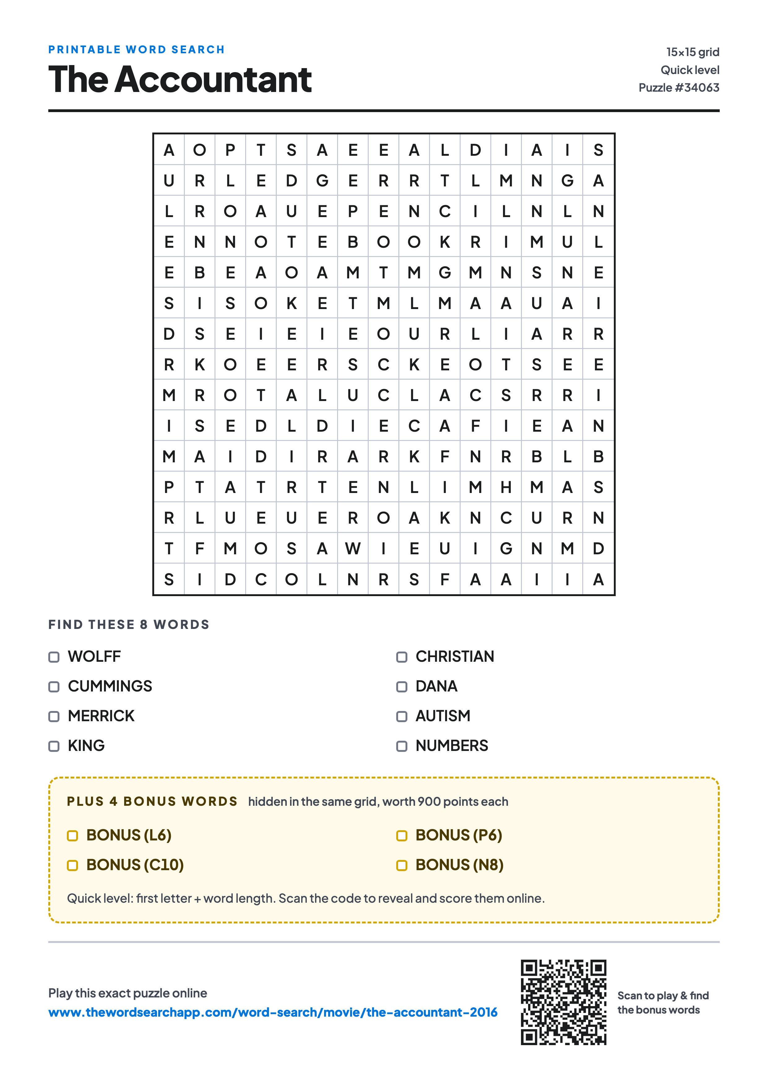 Printable The Accountant (2016) word search — 15×15 letter grid with 8 words to find including WOLFF, CUMMINGS, MERRICK, plus 4 hidden bonus words
