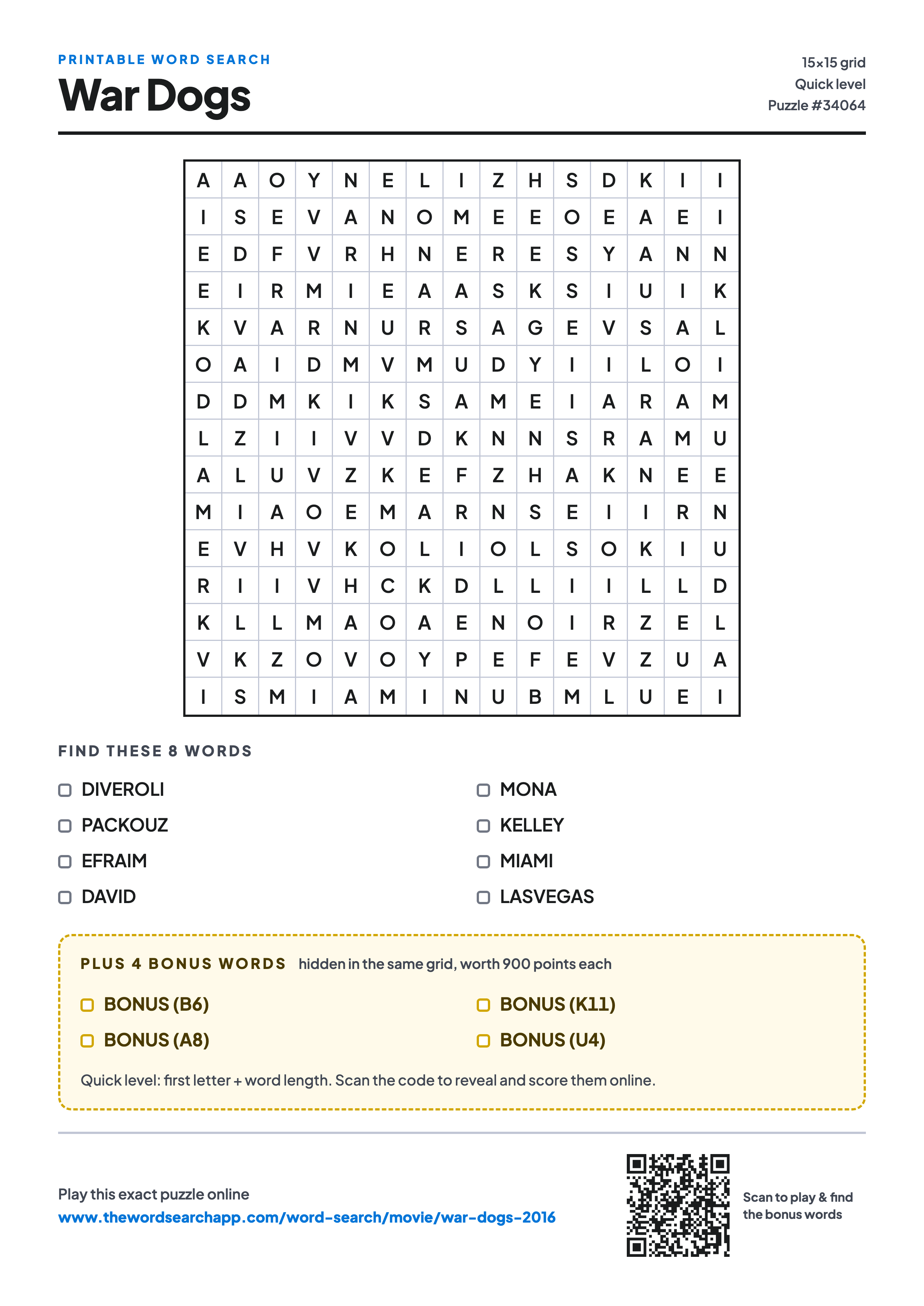 Printable War Dogs (2016) word search — 15×15 letter grid with 8 words to find including DIVEROLI, PACKOUZ, EFRAIM, plus 4 hidden bonus words