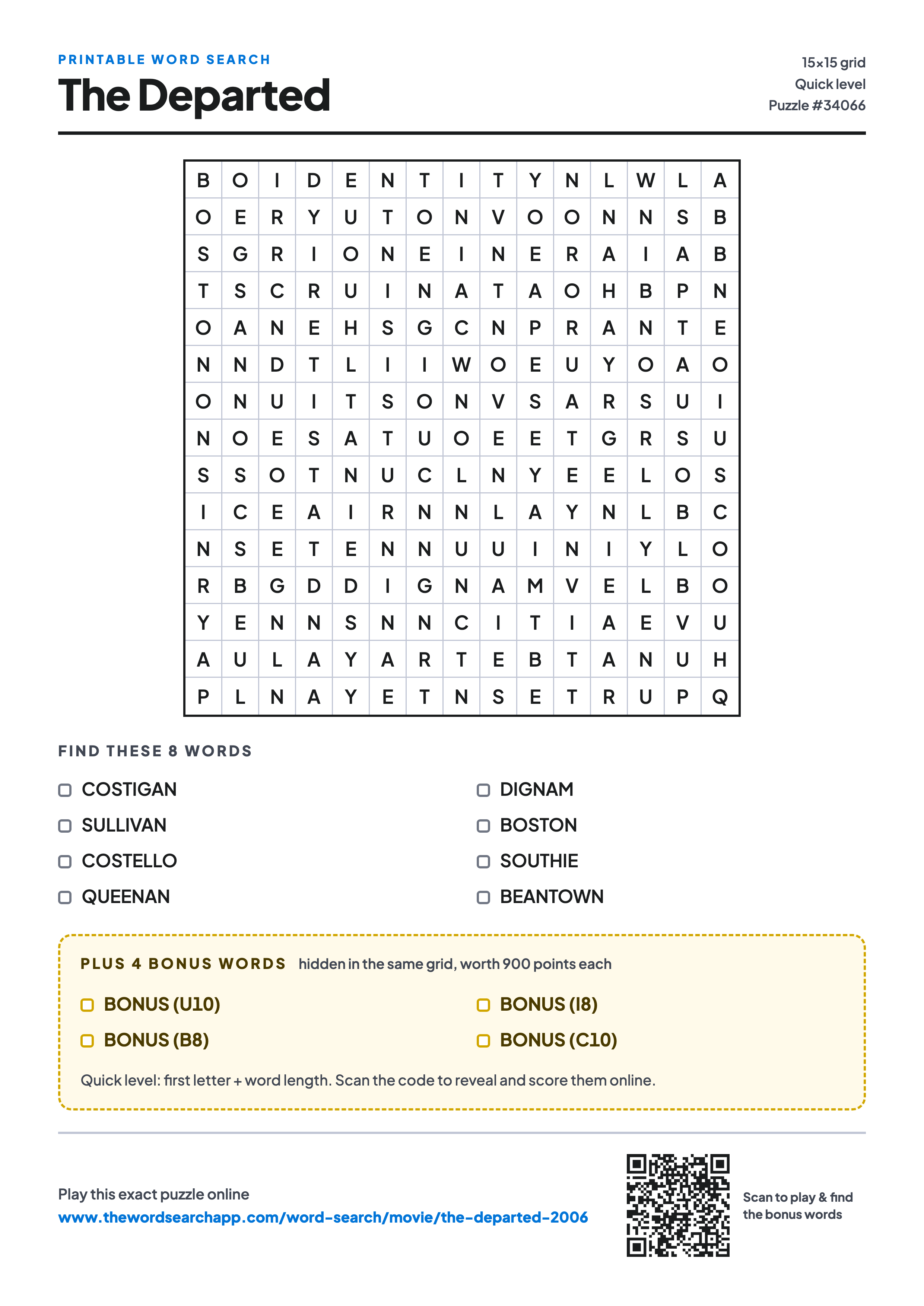 Printable The Departed (2006) word search — 15×15 letter grid with 8 words to find including COSTIGAN, SULLIVAN, COSTELLO, plus 4 hidden bonus words