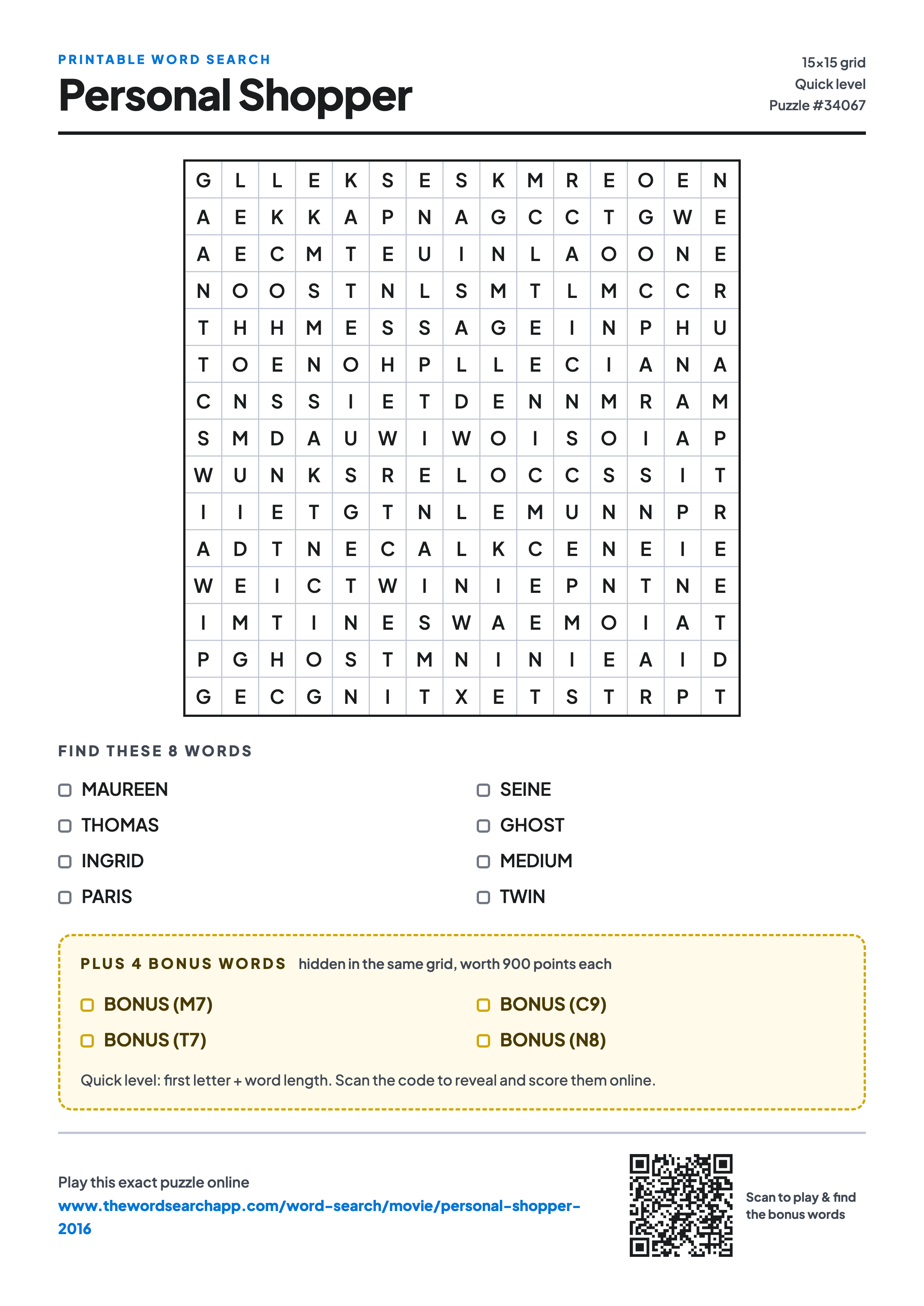 Printable Personal Shopper (2016) word search — 15×15 letter grid with 8 words to find including MAUREEN, THOMAS, INGRID, plus 4 hidden bonus words