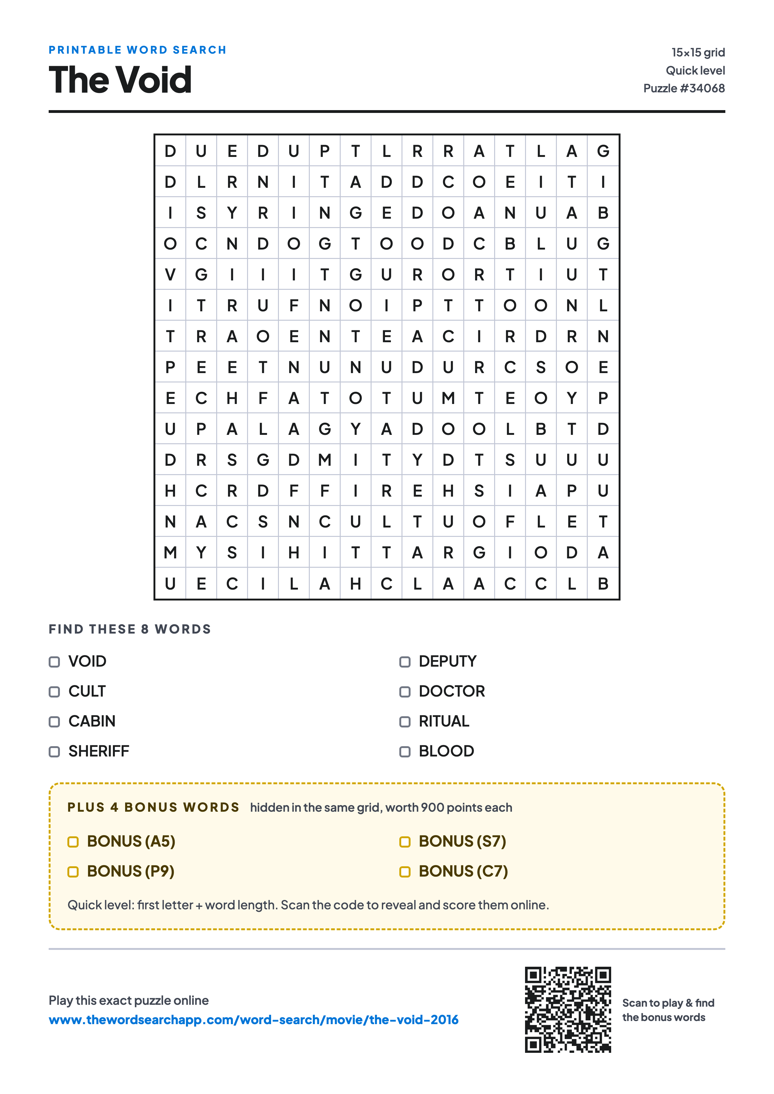 Printable The Void (2016) word search — 15×15 letter grid with 8 words to find including VOID, CULT, CABIN, plus 4 hidden bonus words