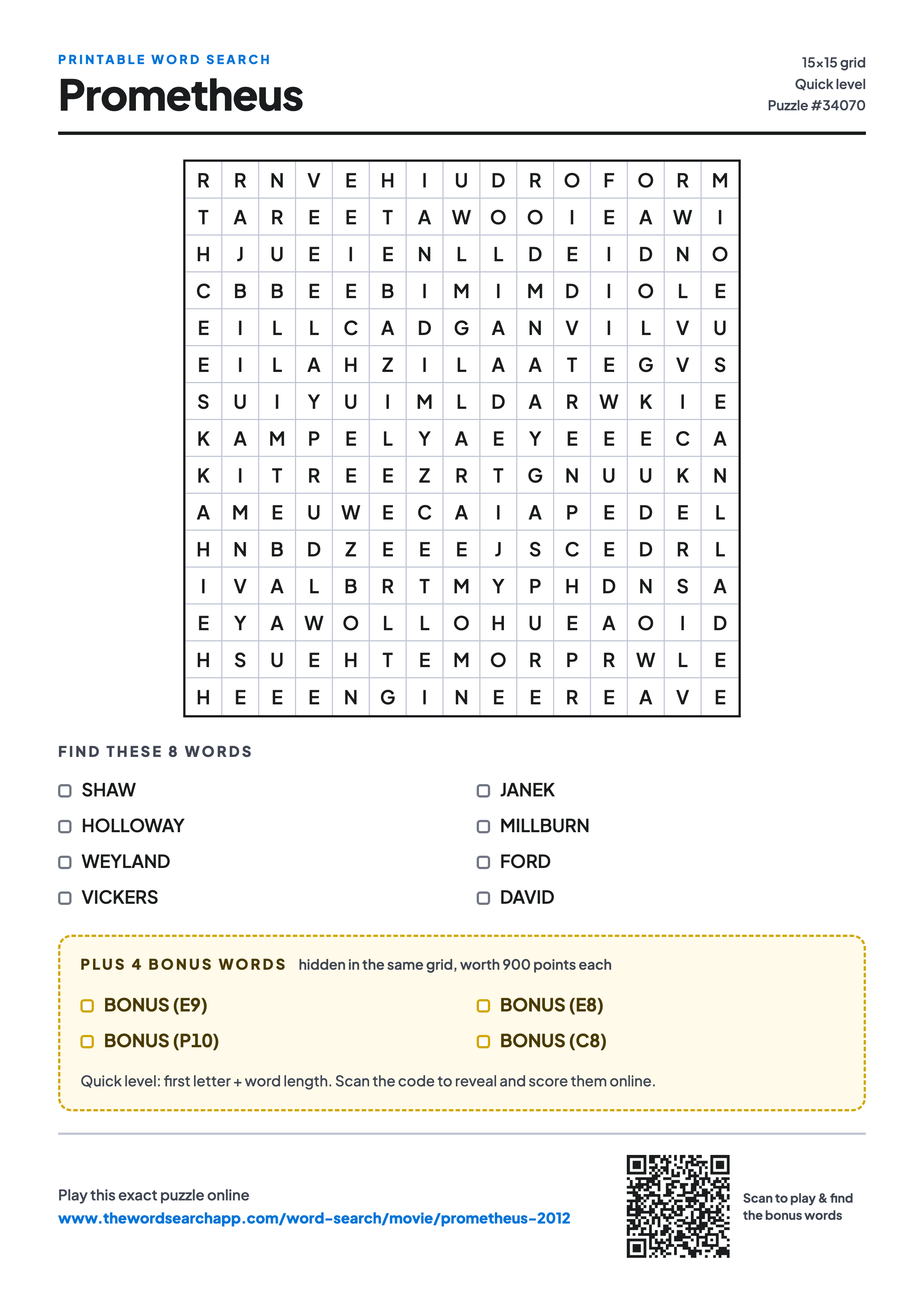 Printable Prometheus (2012) word search — 15×15 letter grid with 8 words to find including SHAW, HOLLOWAY, WEYLAND, plus 4 hidden bonus words