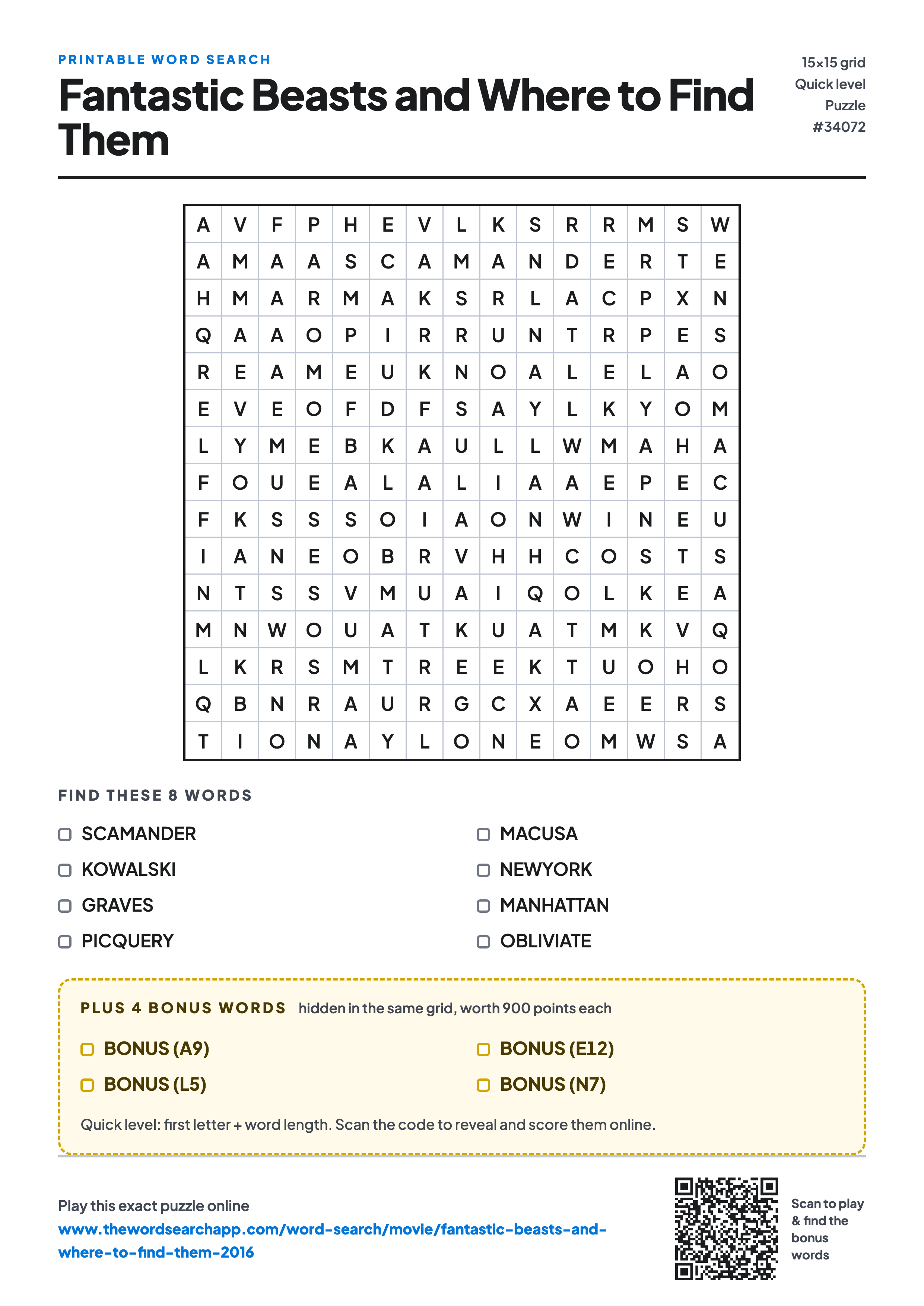 Printable Fantastic Beasts and Where to Find Them (2016) word search — 15×15 letter grid with 8 words to find including SCAMANDER, KOWALSKI, GRAVES, plus 4 hidden bonus words