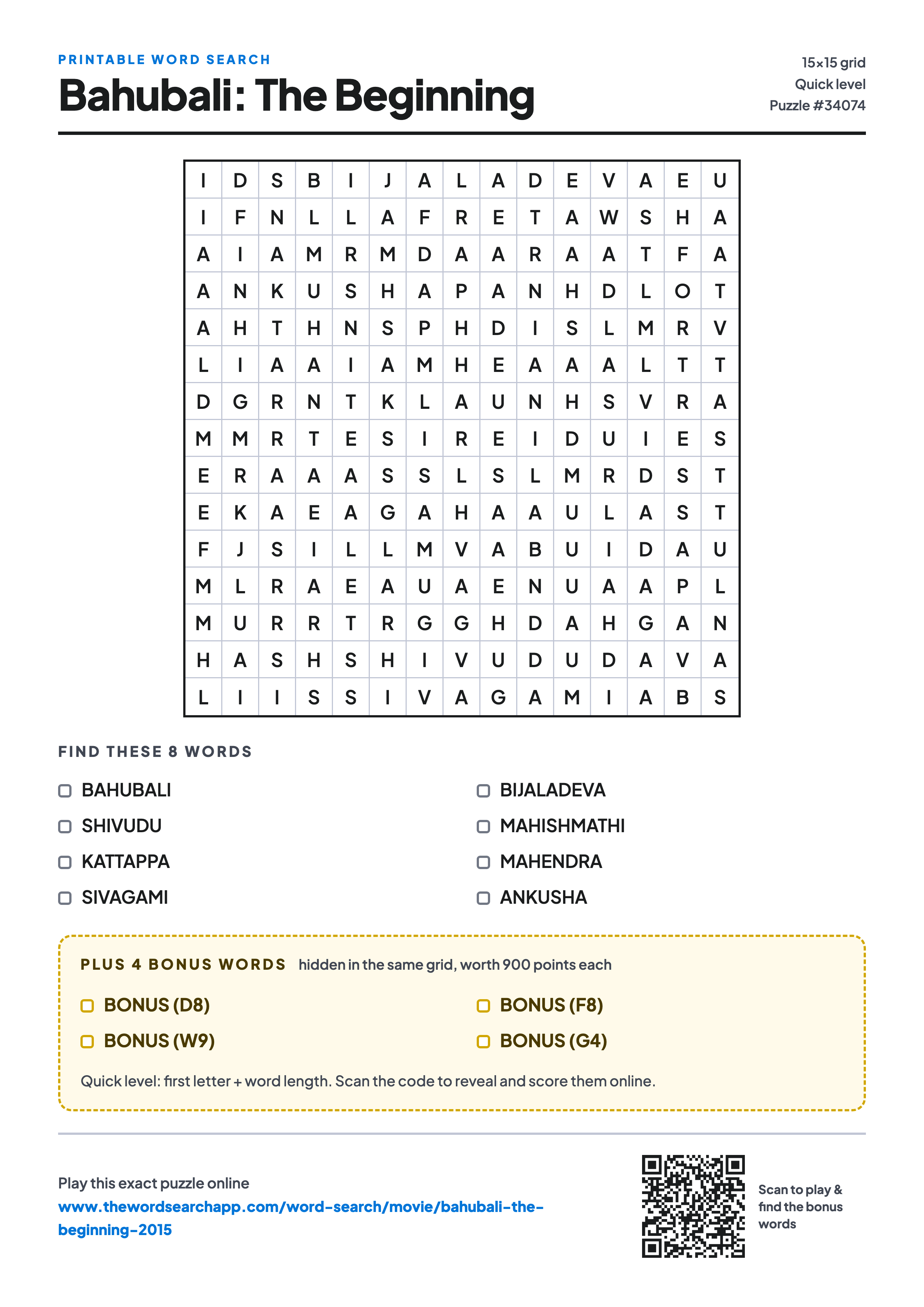 Printable Bahubali: The Beginning (2015) word search — 15×15 letter grid with 8 words to find including BAHUBALI, SHIVUDU, KATTAPPA, plus 4 hidden bonus words
