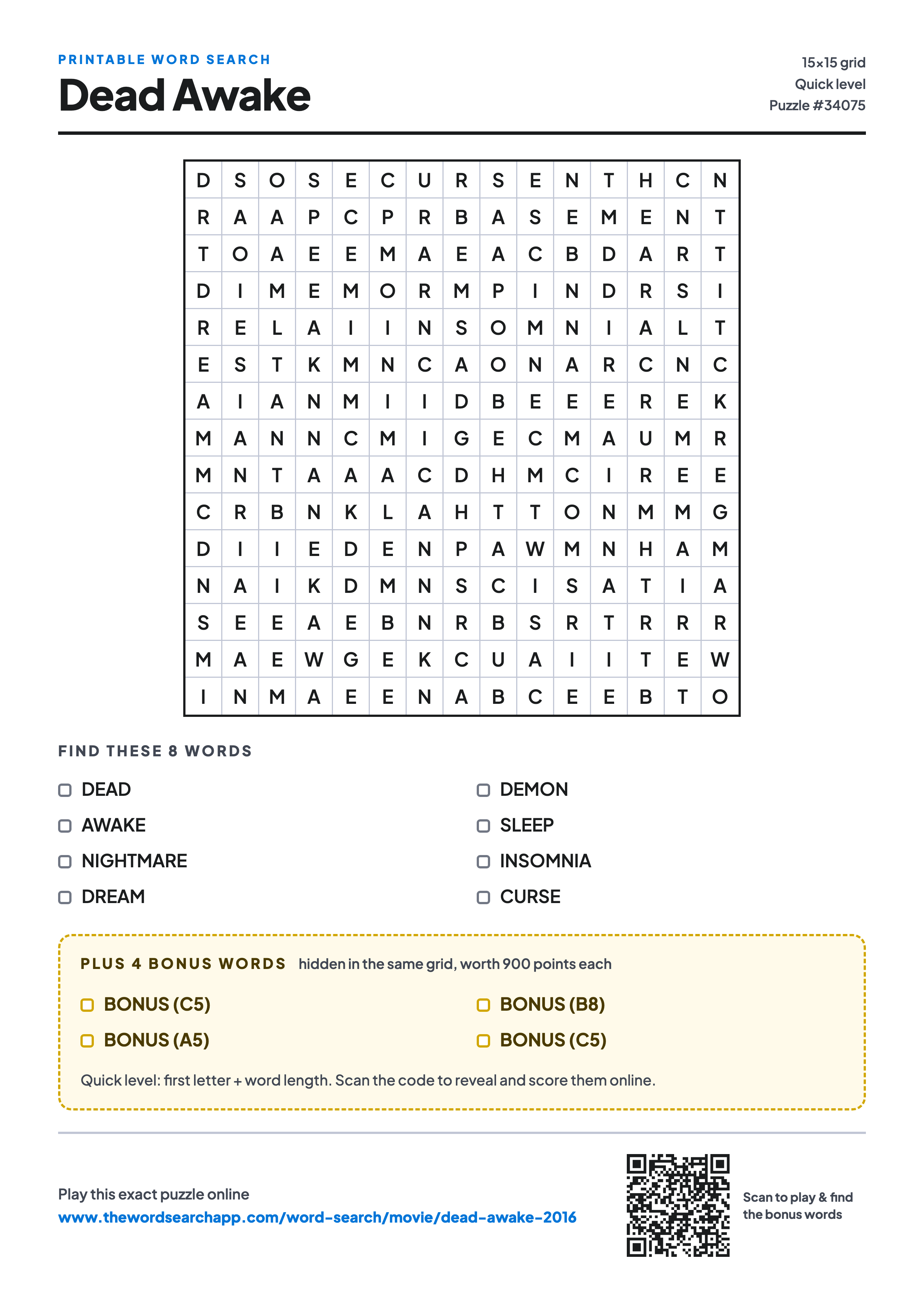Printable Dead Awake (2016) word search — 15×15 letter grid with 8 words to find including DEAD, AWAKE, NIGHTMARE, plus 4 hidden bonus words