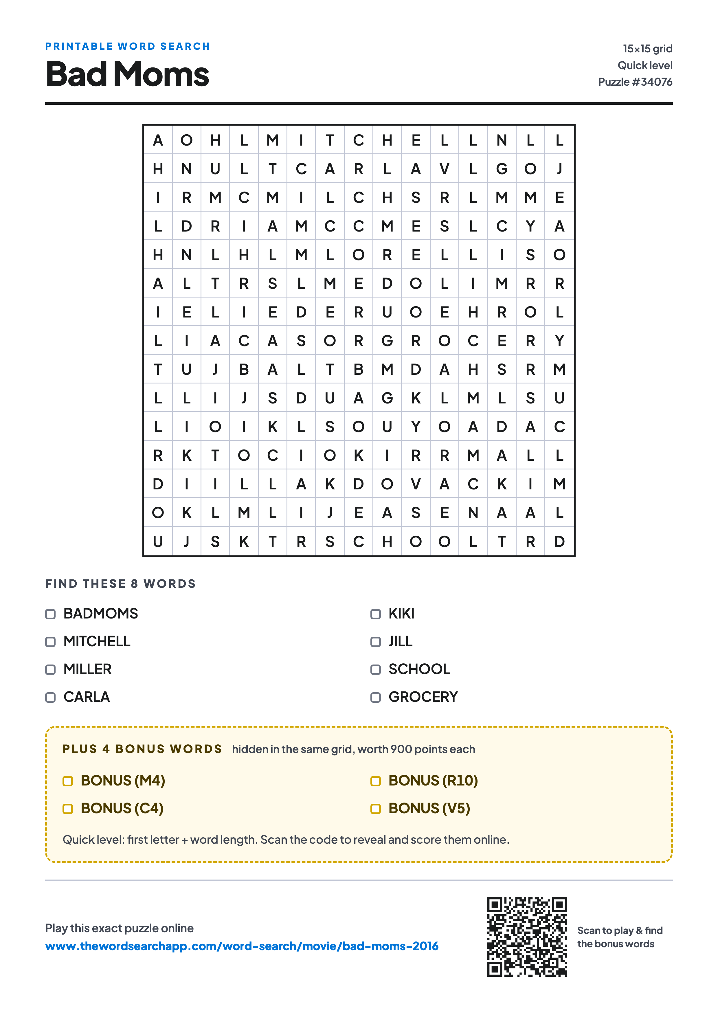 Printable Bad Moms (2016) word search — 15×15 letter grid with 8 words to find including BADMOMS, MITCHELL, MILLER, plus 4 hidden bonus words