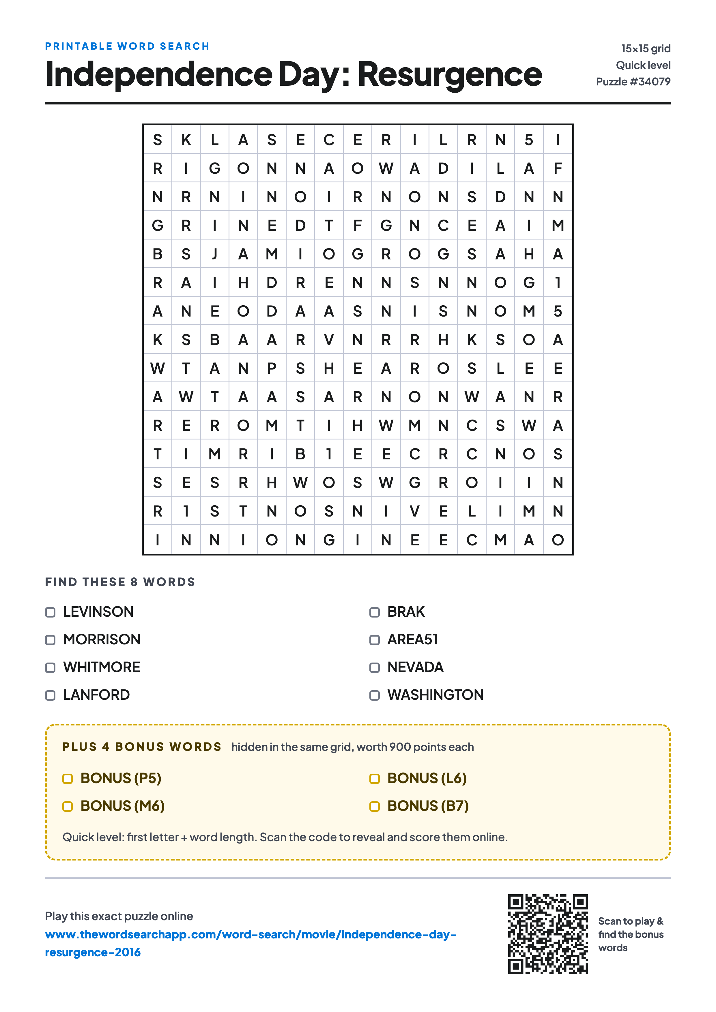 Printable Independence Day: Resurgence (2016) word search — 15×15 letter grid with 8 words to find including LEVINSON, MORRISON, WHITMORE, plus 4 hidden bonus words