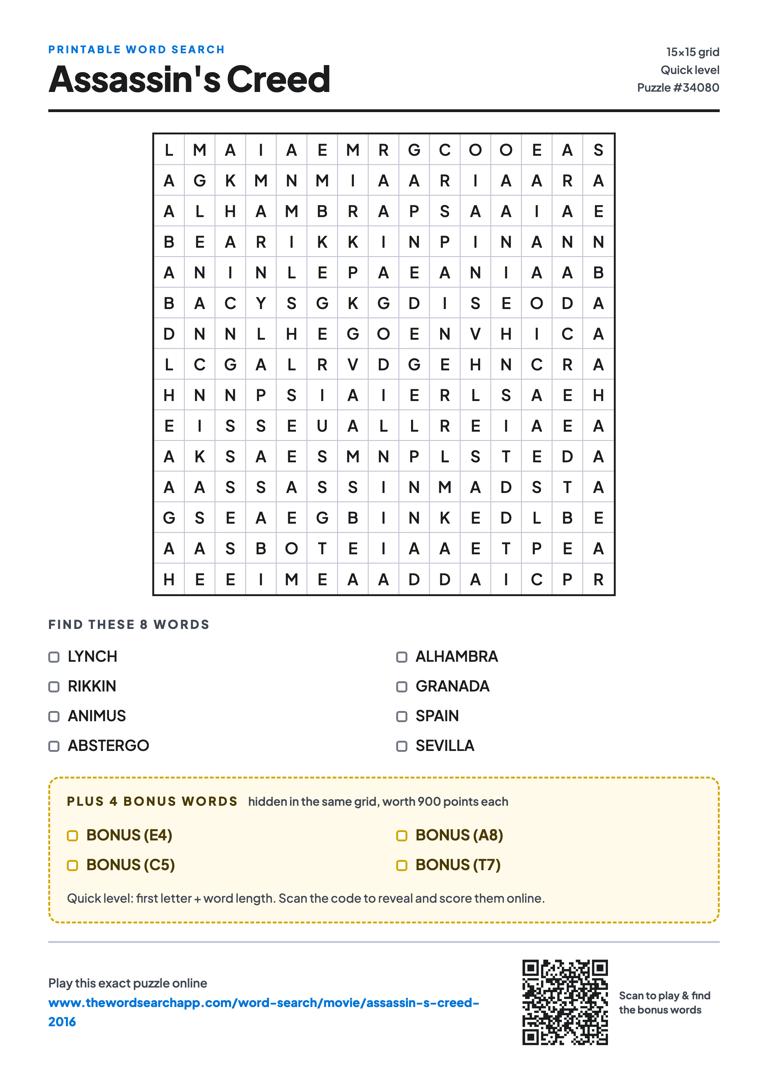Printable Assassin's Creed (2016) word search — 15×15 letter grid with 8 words to find including LYNCH, RIKKIN, ANIMUS, plus 4 hidden bonus words