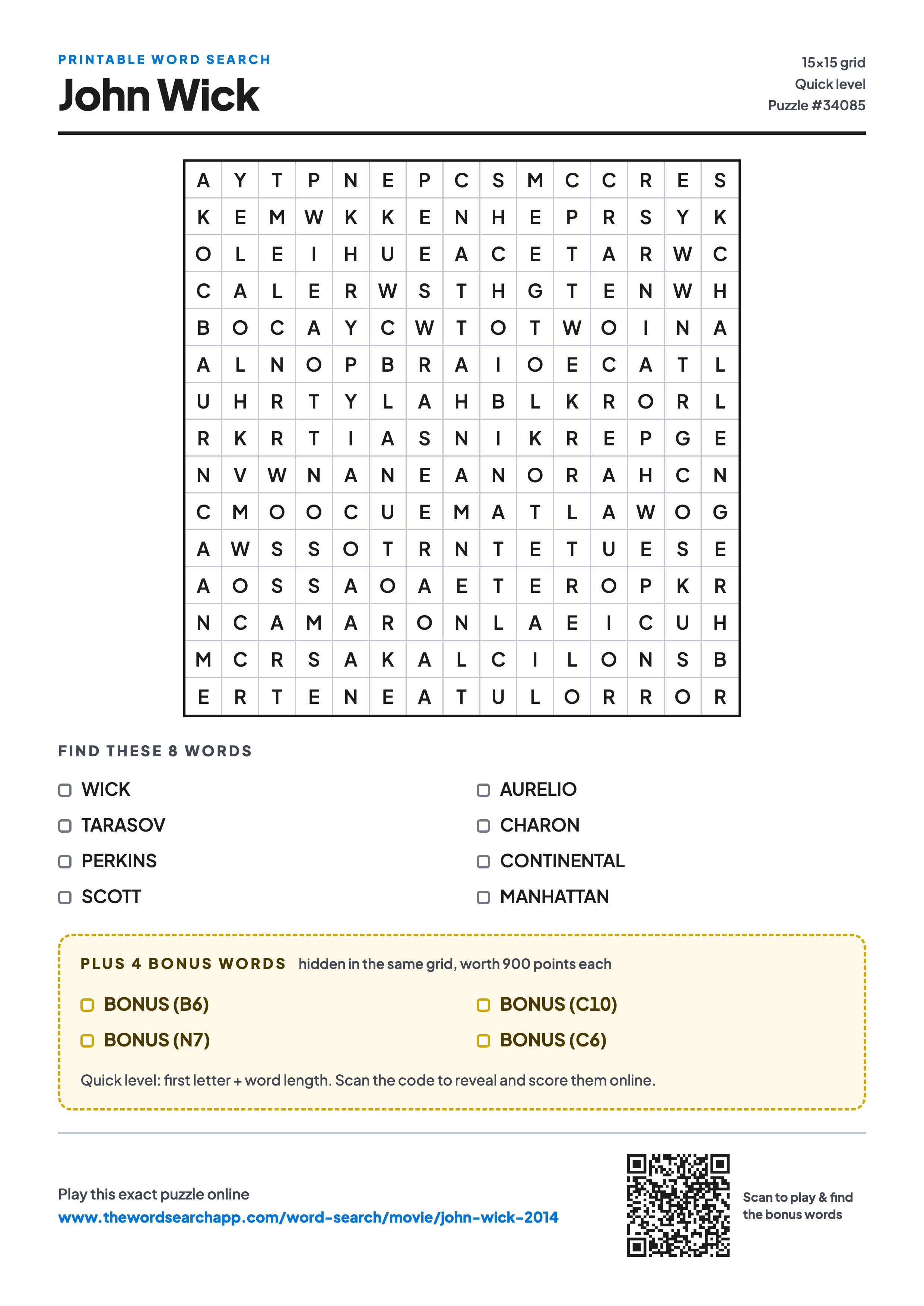 Printable John Wick (2014) word search — 15×15 letter grid with 8 words to find including WICK, TARASOV, PERKINS, plus 4 hidden bonus words