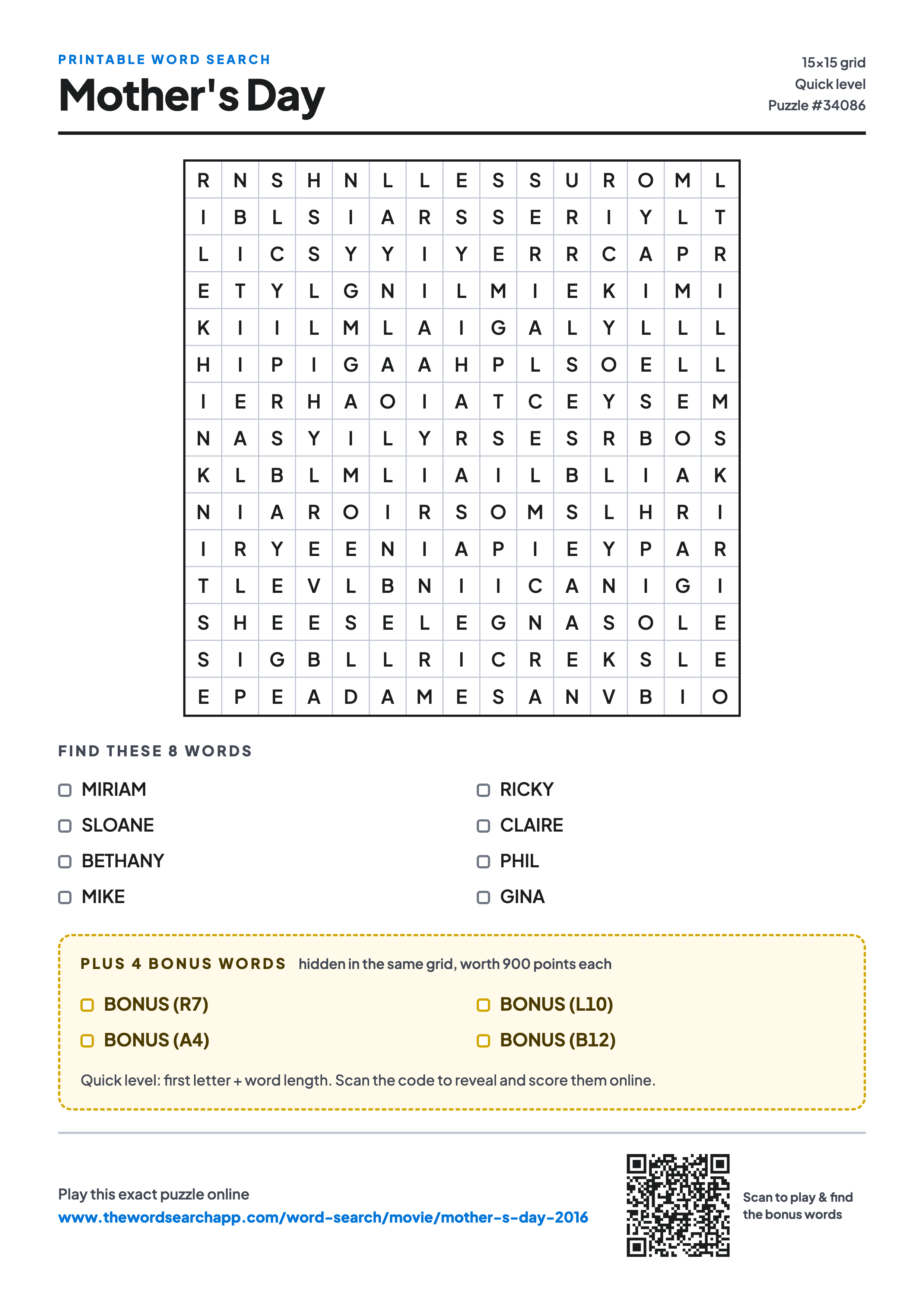 Printable Mother's Day (2016) word search — 15×15 letter grid with 8 words to find including MIRIAM, SLOANE, BETHANY, plus 4 hidden bonus words