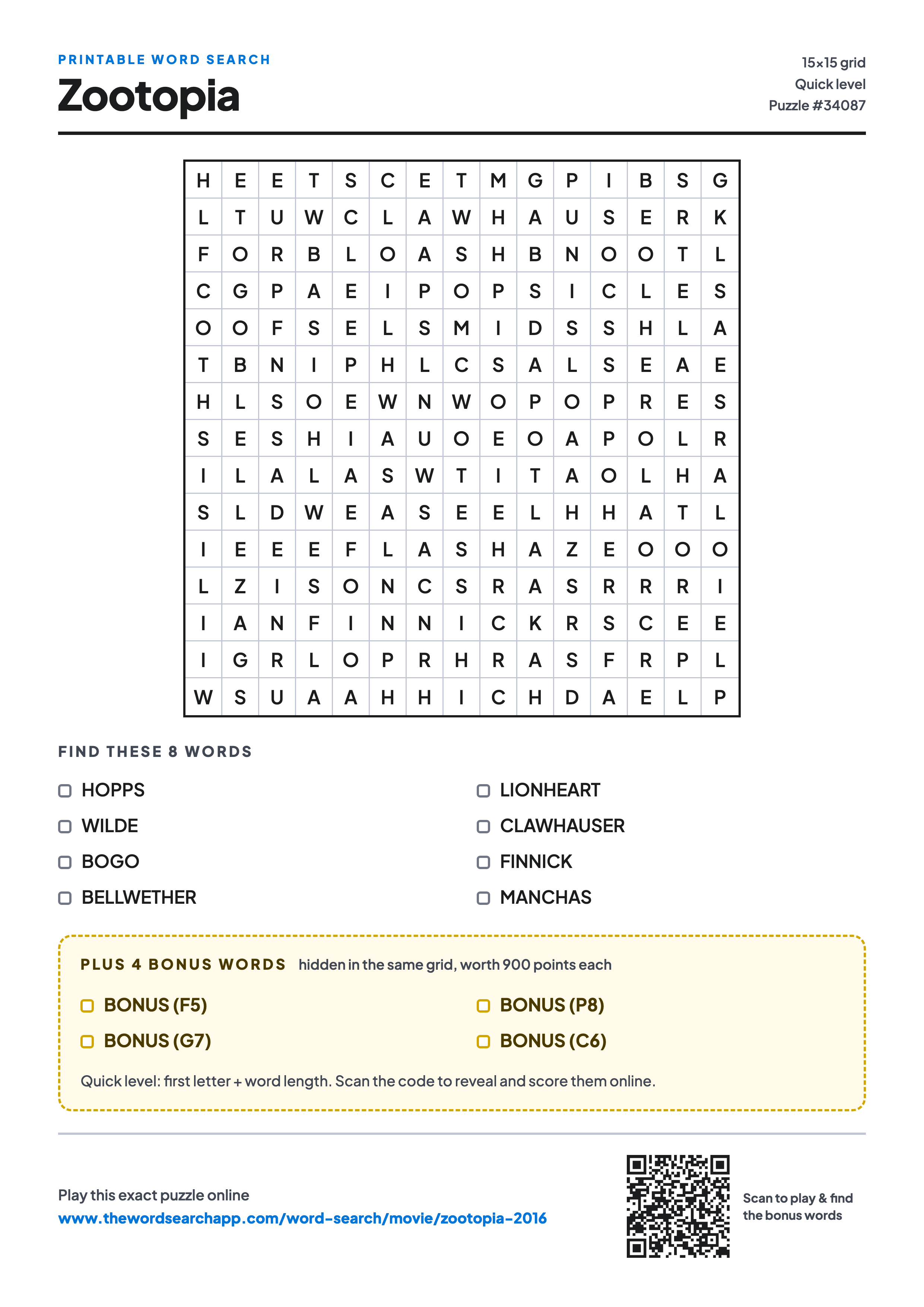 Printable Zootopia (2016) word search — 15×15 letter grid with 8 words to find including HOPPS, WILDE, BOGO, plus 4 hidden bonus words
