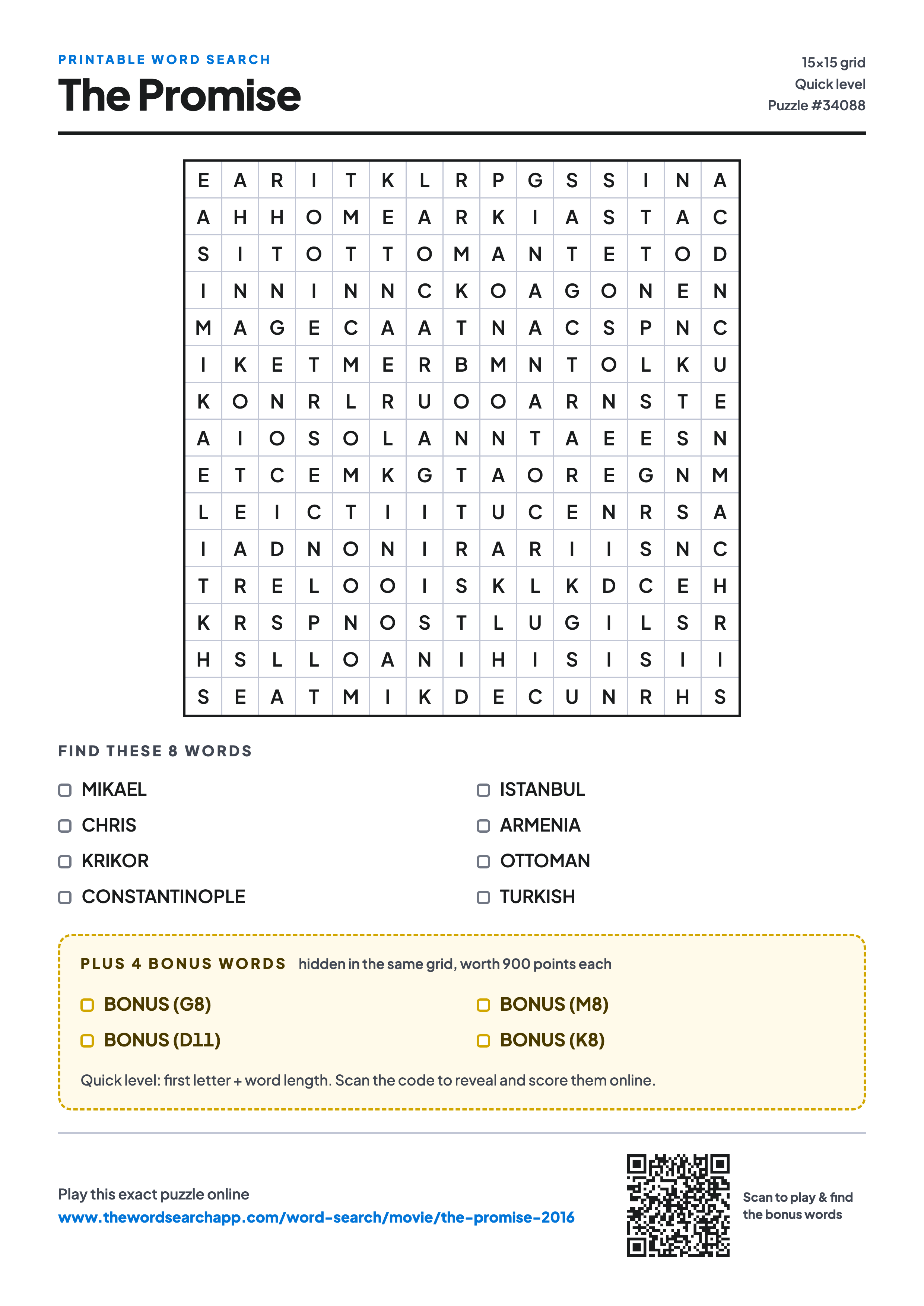 Printable The Promise (2016) word search — 15×15 letter grid with 8 words to find including MIKAEL, CHRIS, KRIKOR, plus 4 hidden bonus words