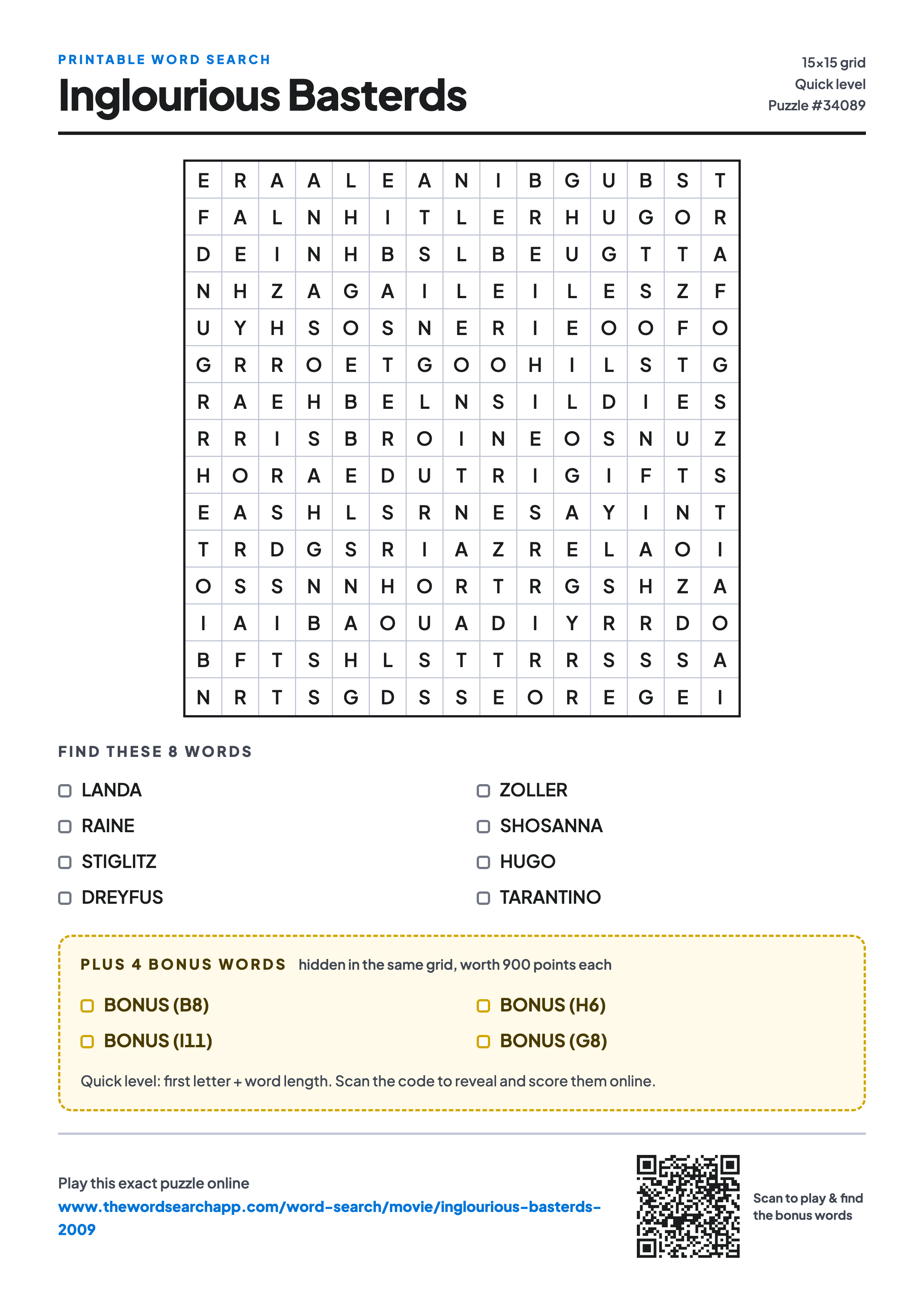 Printable Inglourious Basterds (2009) word search — 15×15 letter grid with 8 words to find including LANDA, RAINE, STIGLITZ, plus 4 hidden bonus words