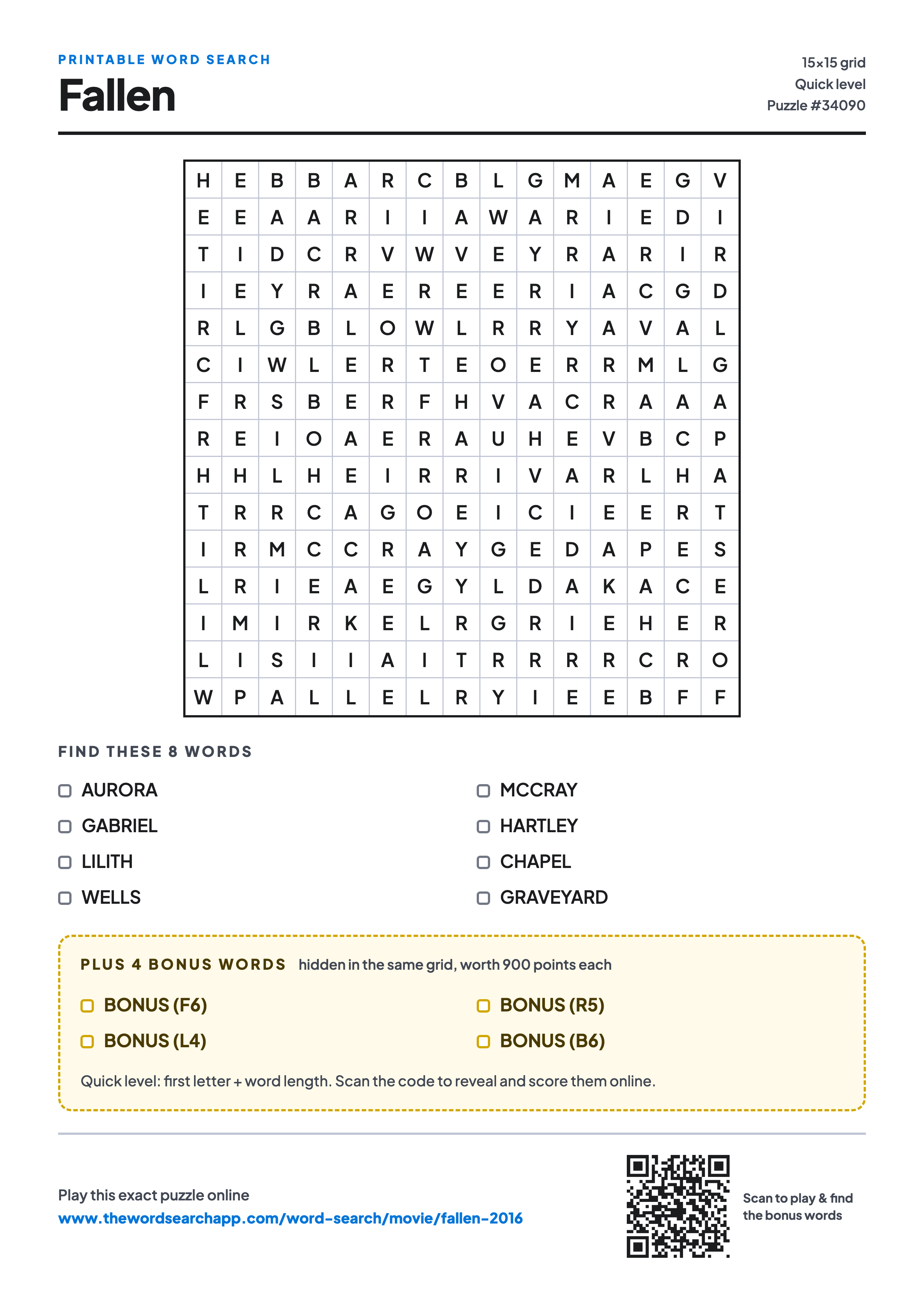 Printable Fallen (2016) word search — 15×15 letter grid with 8 words to find including AURORA, GABRIEL, LILITH, plus 4 hidden bonus words