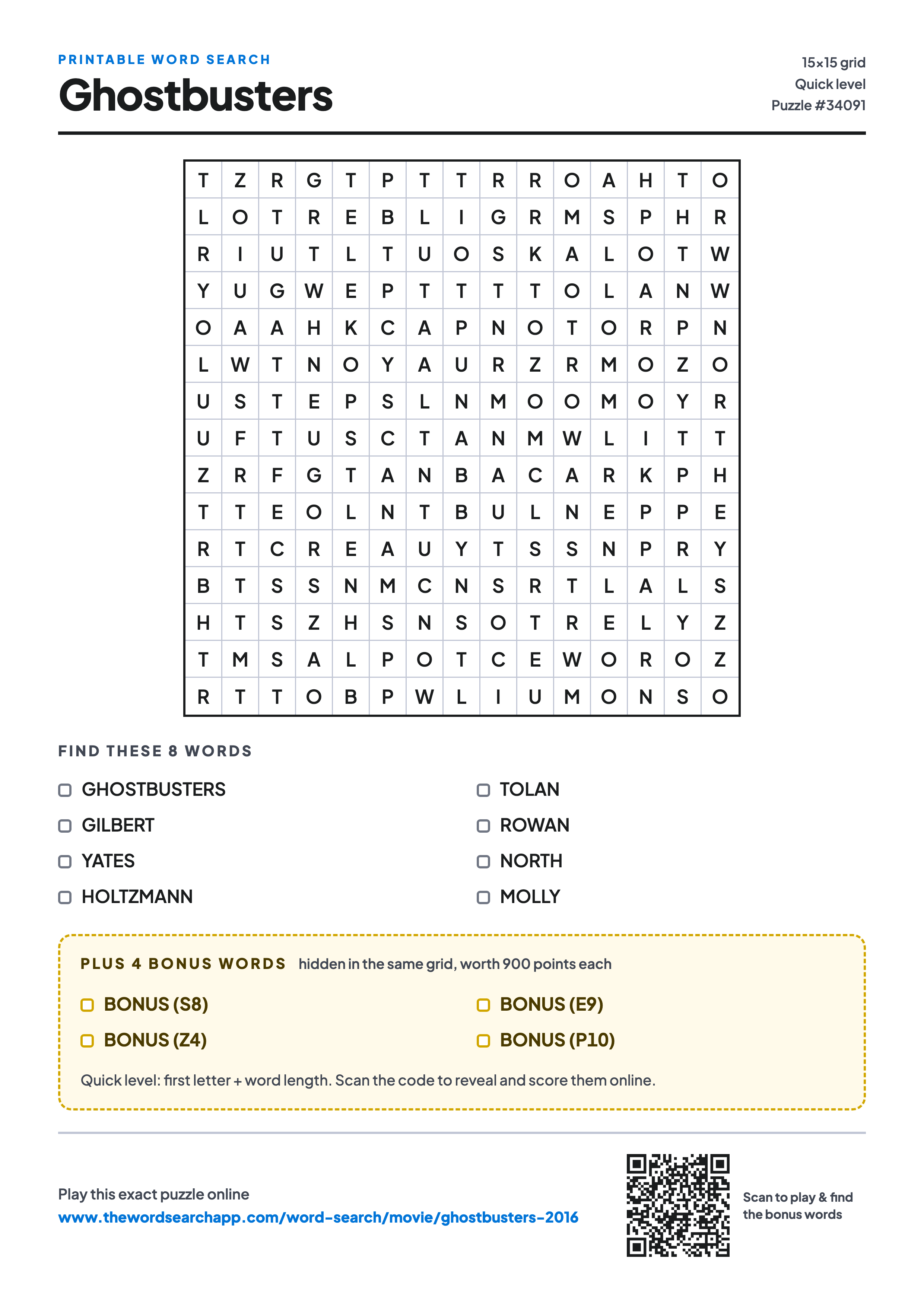 Printable Ghostbusters (2016) word search — 15×15 letter grid with 8 words to find including GHOSTBUSTERS, GILBERT, YATES, plus 4 hidden bonus words