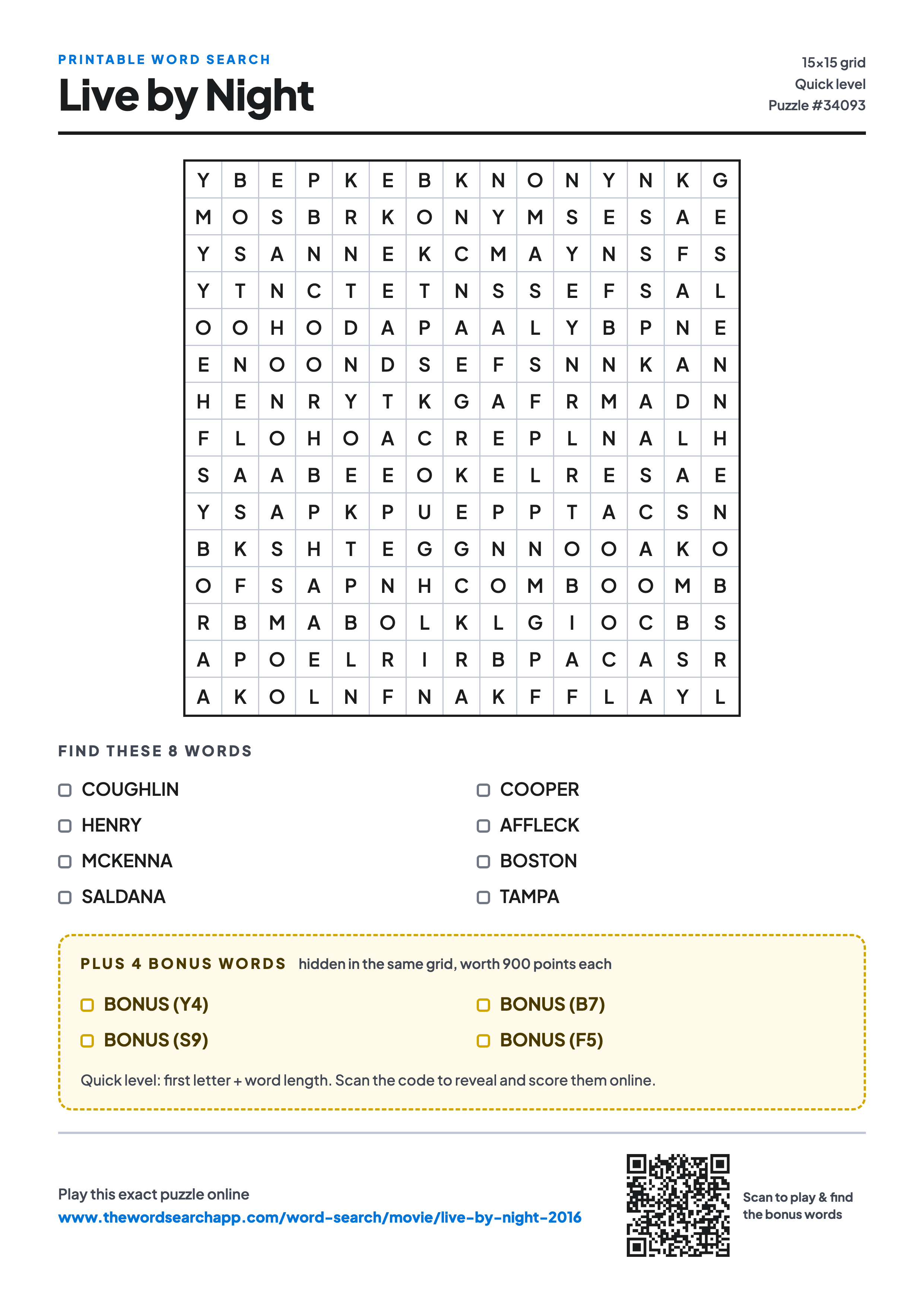 Printable Live by Night (2016) word search — 15×15 letter grid with 8 words to find including COUGHLIN, HENRY, MCKENNA, plus 4 hidden bonus words