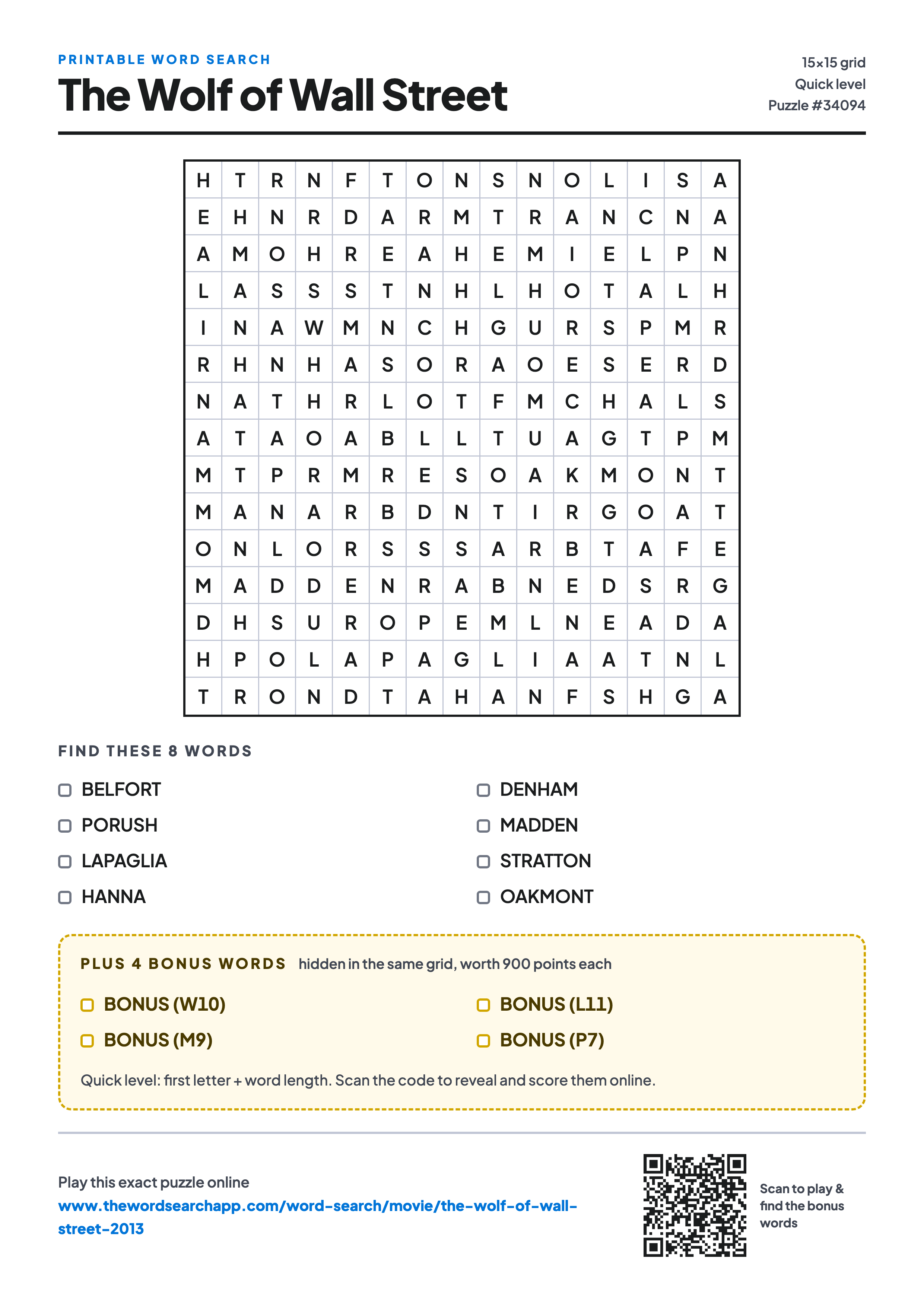 Printable The Wolf of Wall Street (2013) word search — 15×15 letter grid with 8 words to find including BELFORT, PORUSH, LAPAGLIA, plus 4 hidden bonus words