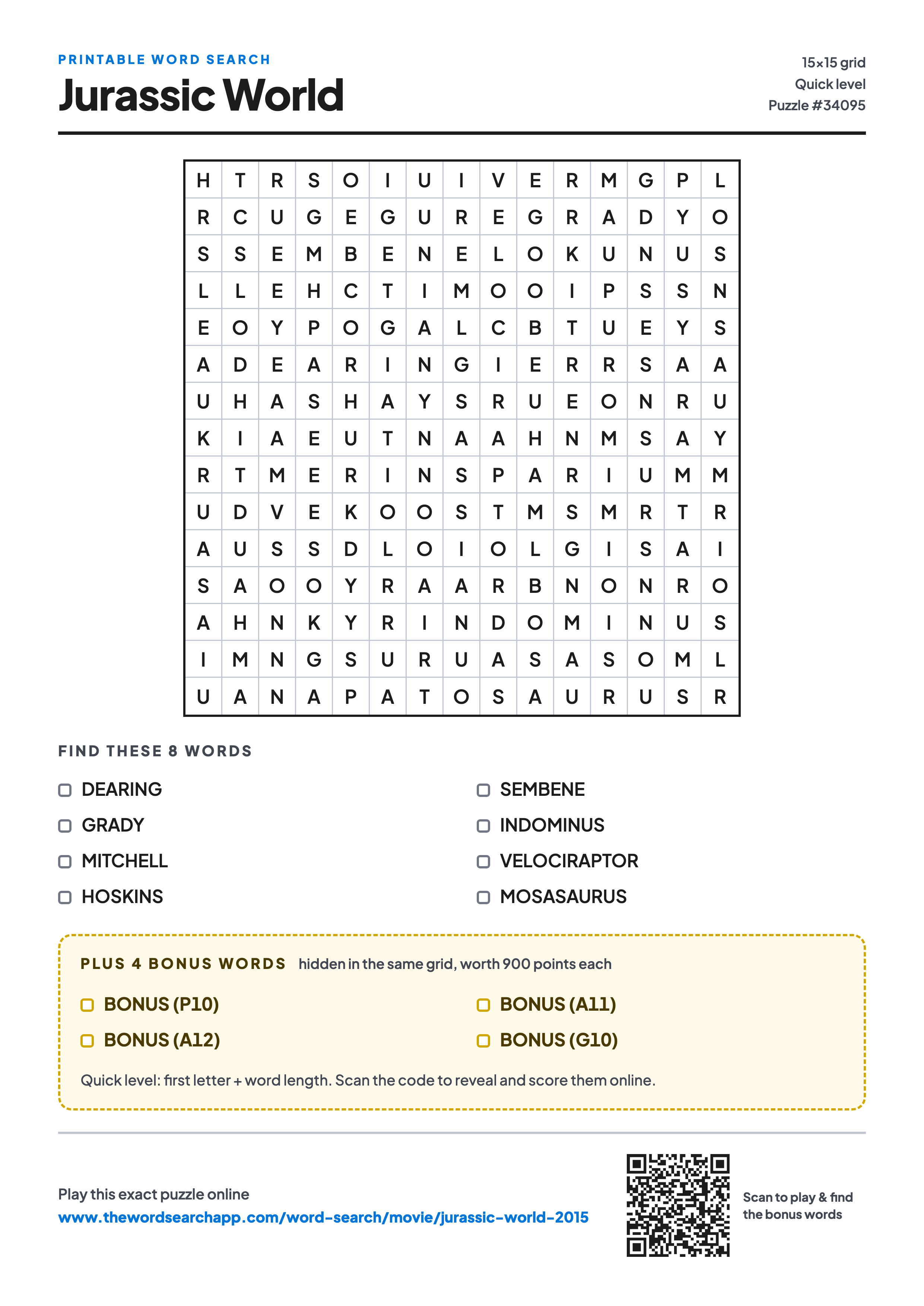 Printable Jurassic World (2015) word search — 15×15 letter grid with 8 words to find including DEARING, GRADY, MITCHELL, plus 4 hidden bonus words