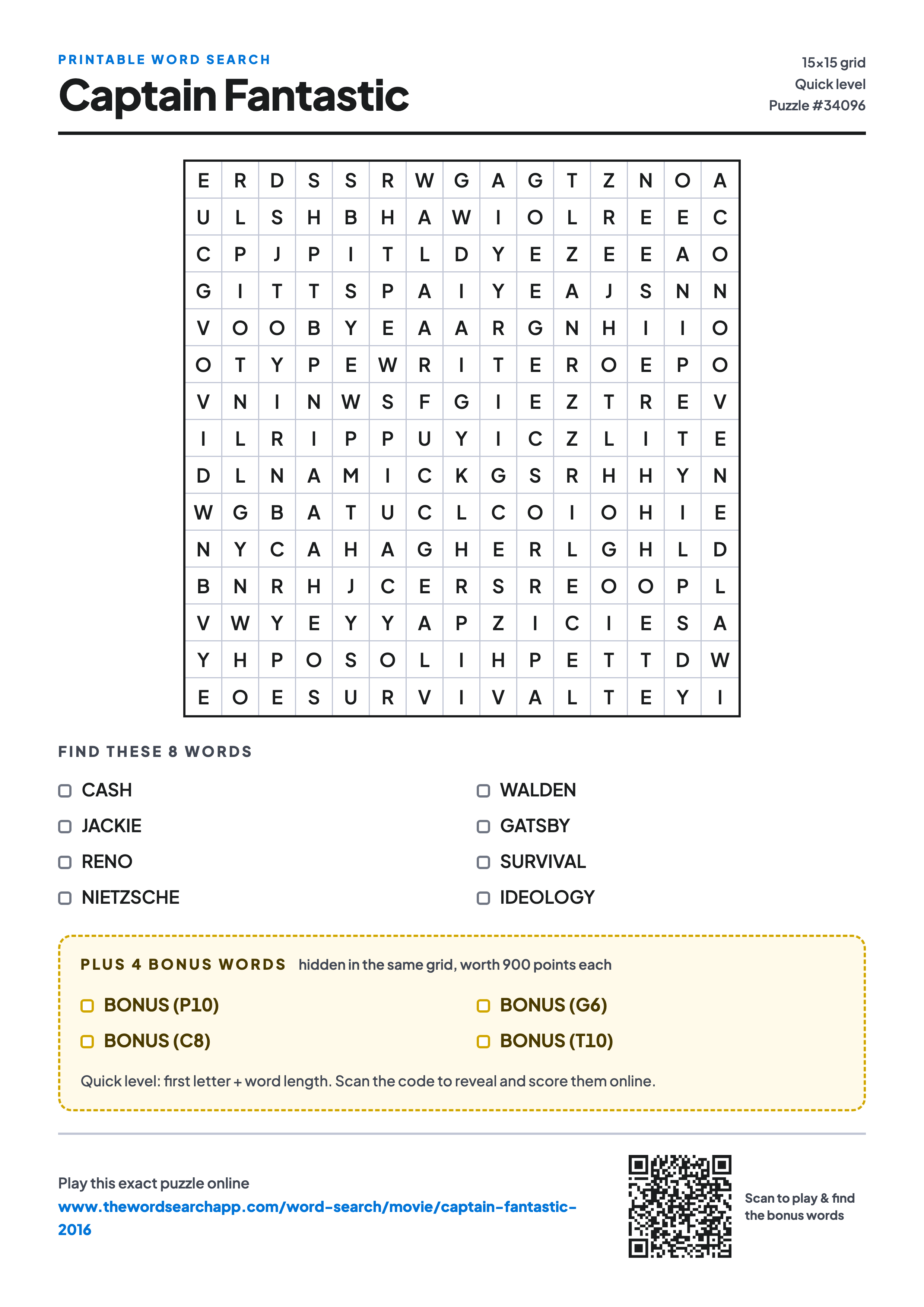 Printable Captain Fantastic (2016) word search — 15×15 letter grid with 8 words to find including CASH, JACKIE, RENO, plus 4 hidden bonus words