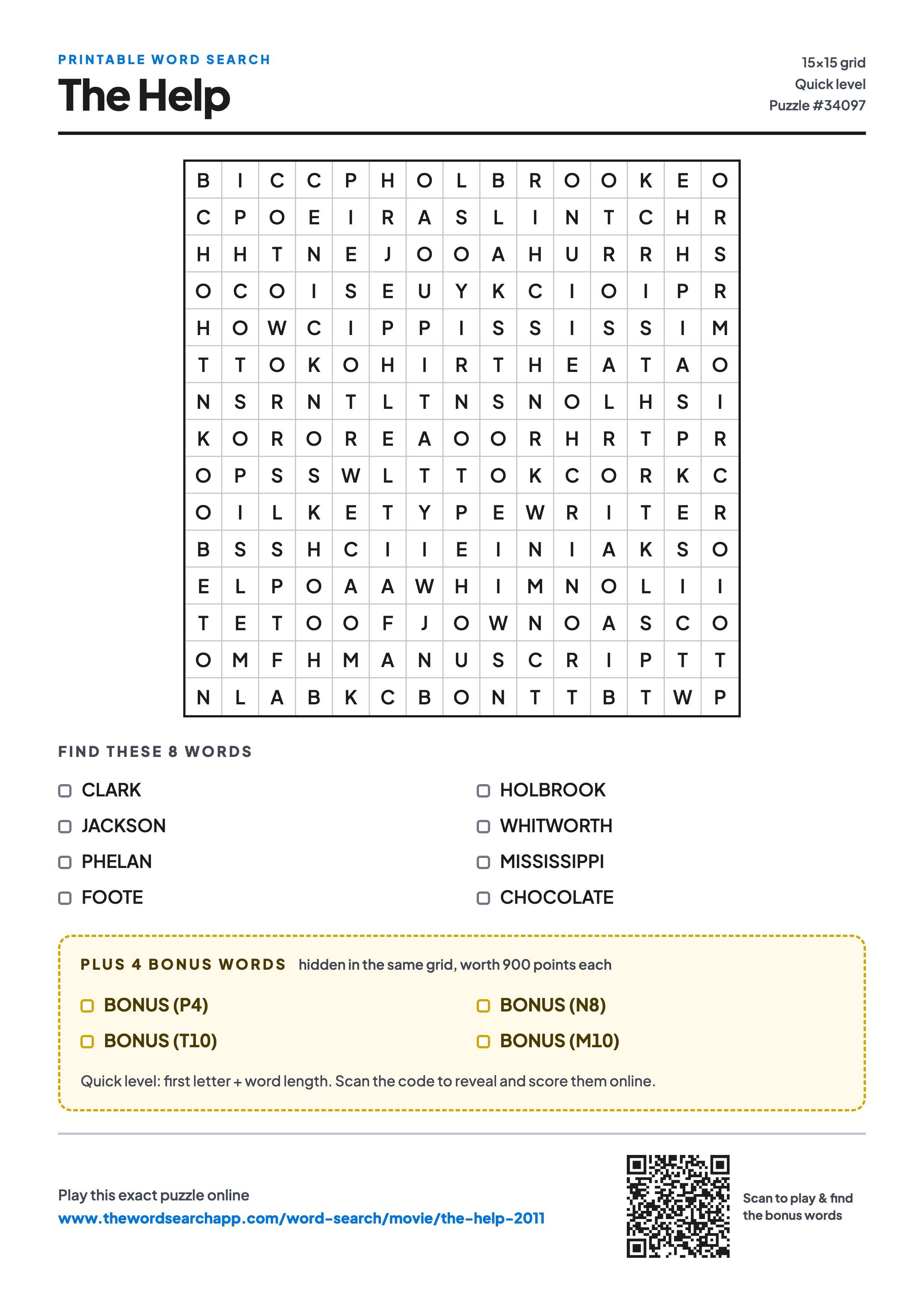 Printable The Help (2011) word search — 15×15 letter grid with 8 words to find including CLARK, JACKSON, PHELAN, plus 4 hidden bonus words