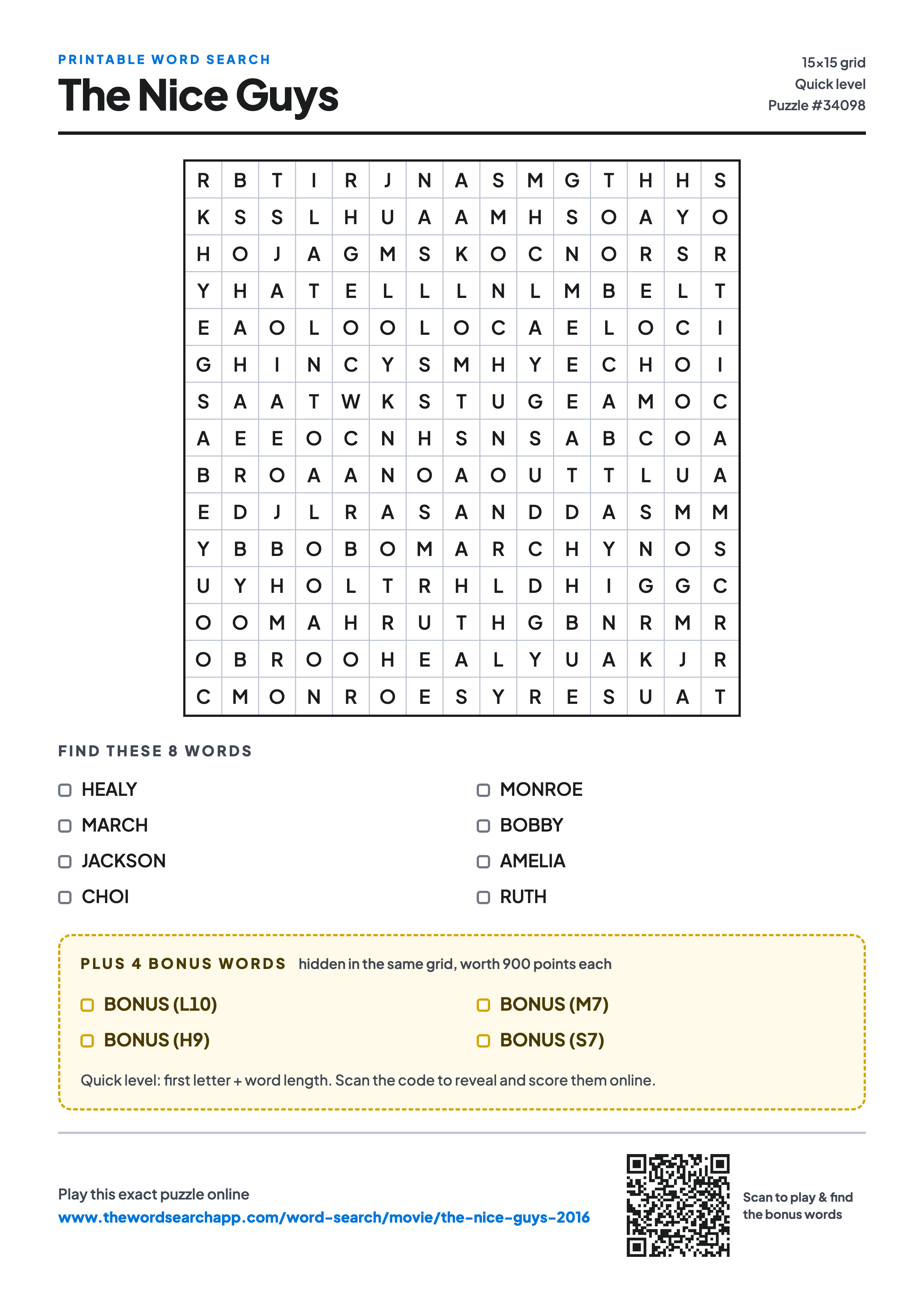 Printable The Nice Guys (2016) word search — 15×15 letter grid with 8 words to find including HEALY, MARCH, JACKSON, plus 4 hidden bonus words