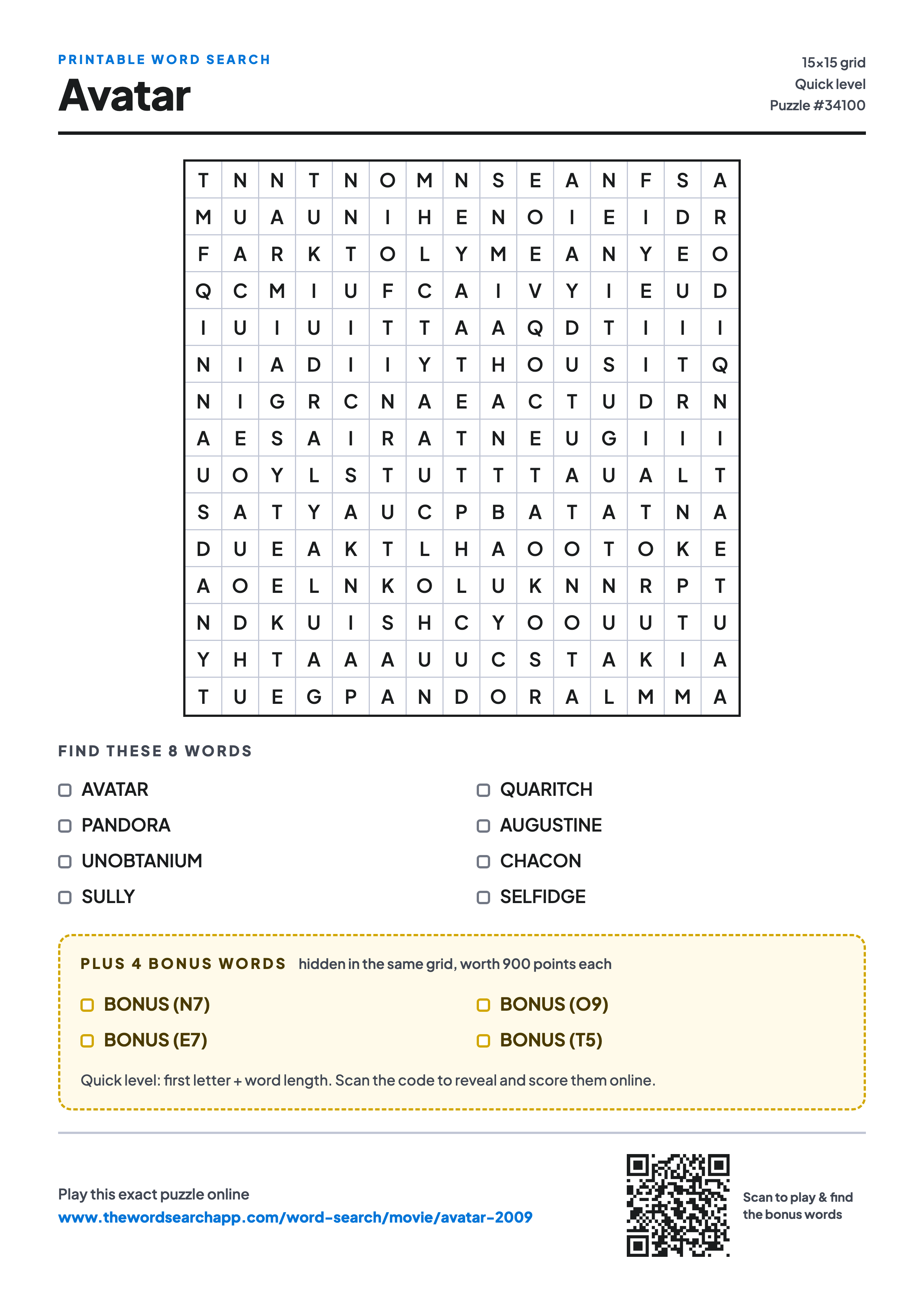 Printable Avatar (2009) word search — 15×15 letter grid with 8 words to find including AVATAR, PANDORA, UNOBTANIUM, plus 4 hidden bonus words