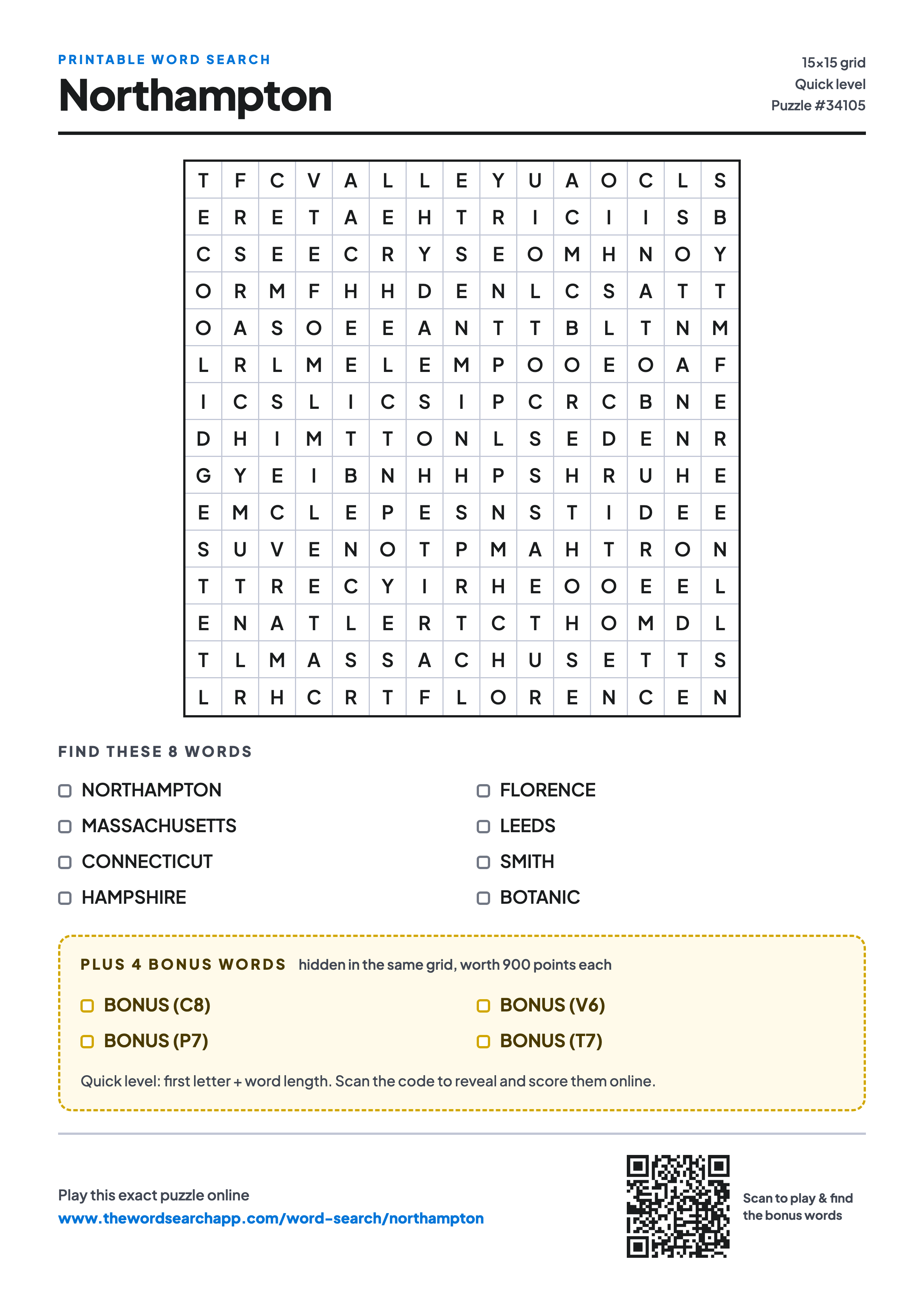 Printable Northampton word search — 15×15 letter grid with 8 words to find including NORTHAMPTON, MASSACHUSETTS, CONNECTICUT, plus 4 hidden bonus words