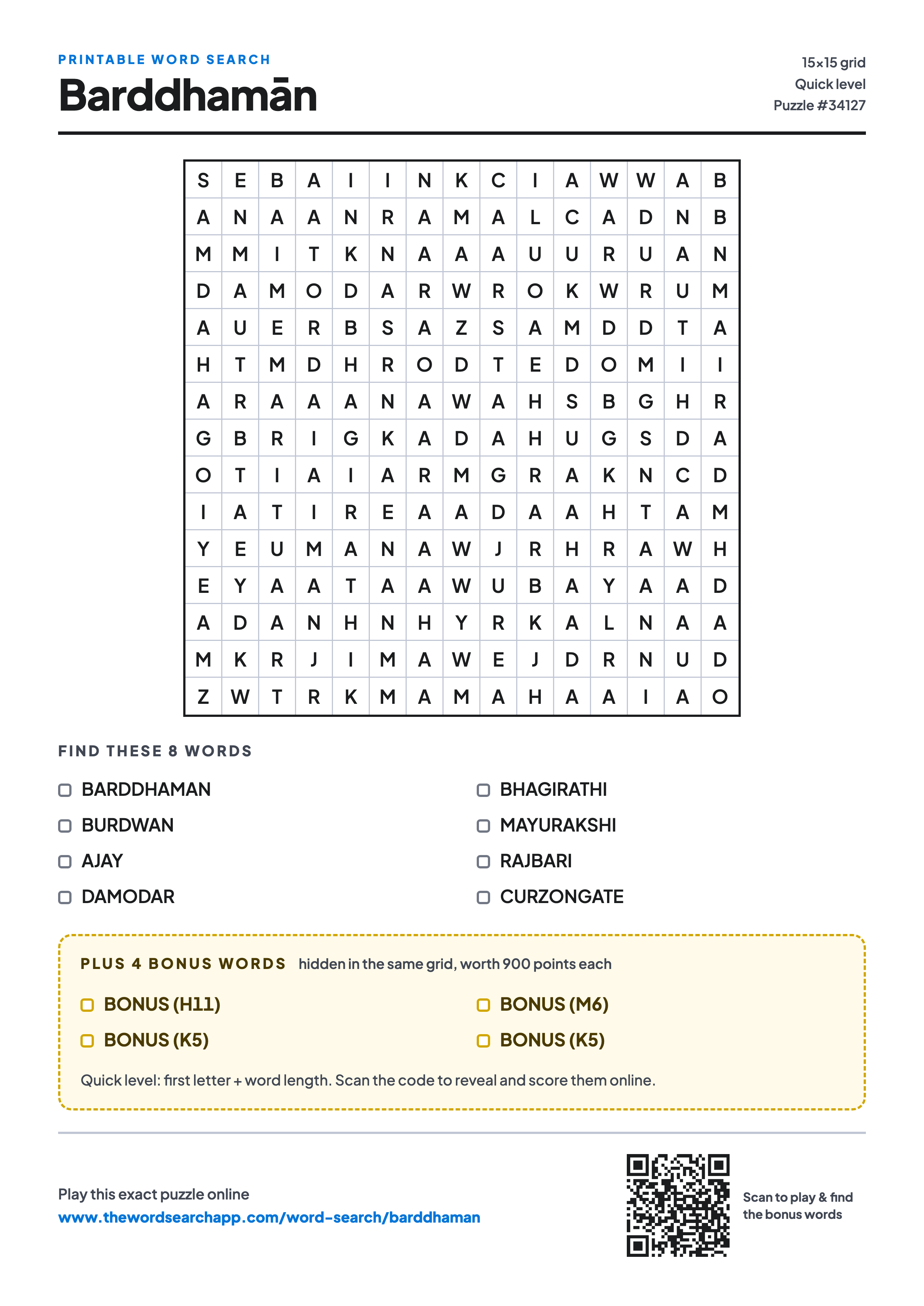Printable Barddhamān word search — 15×15 letter grid with 8 words to find including BARDDHAMAN, BURDWAN, AJAY, plus 4 hidden bonus words