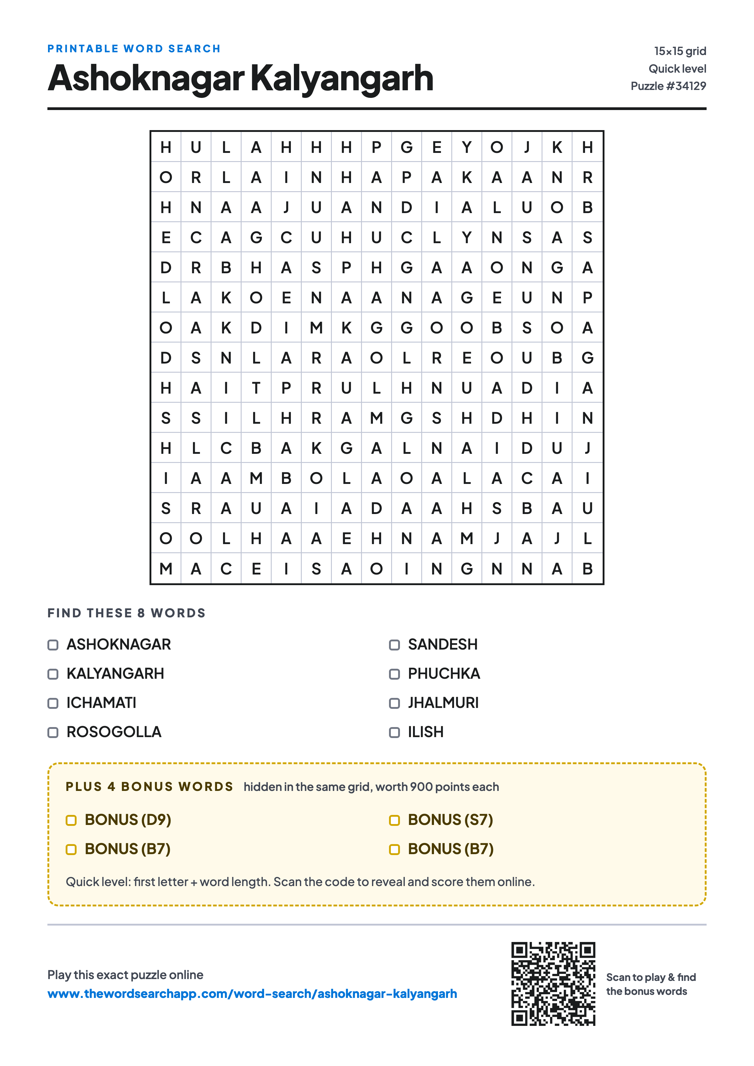 Printable Ashoknagar Kalyangarh word search — 15×15 letter grid with 8 words to find including ASHOKNAGAR, KALYANGARH, ICHAMATI, plus 4 hidden bonus words